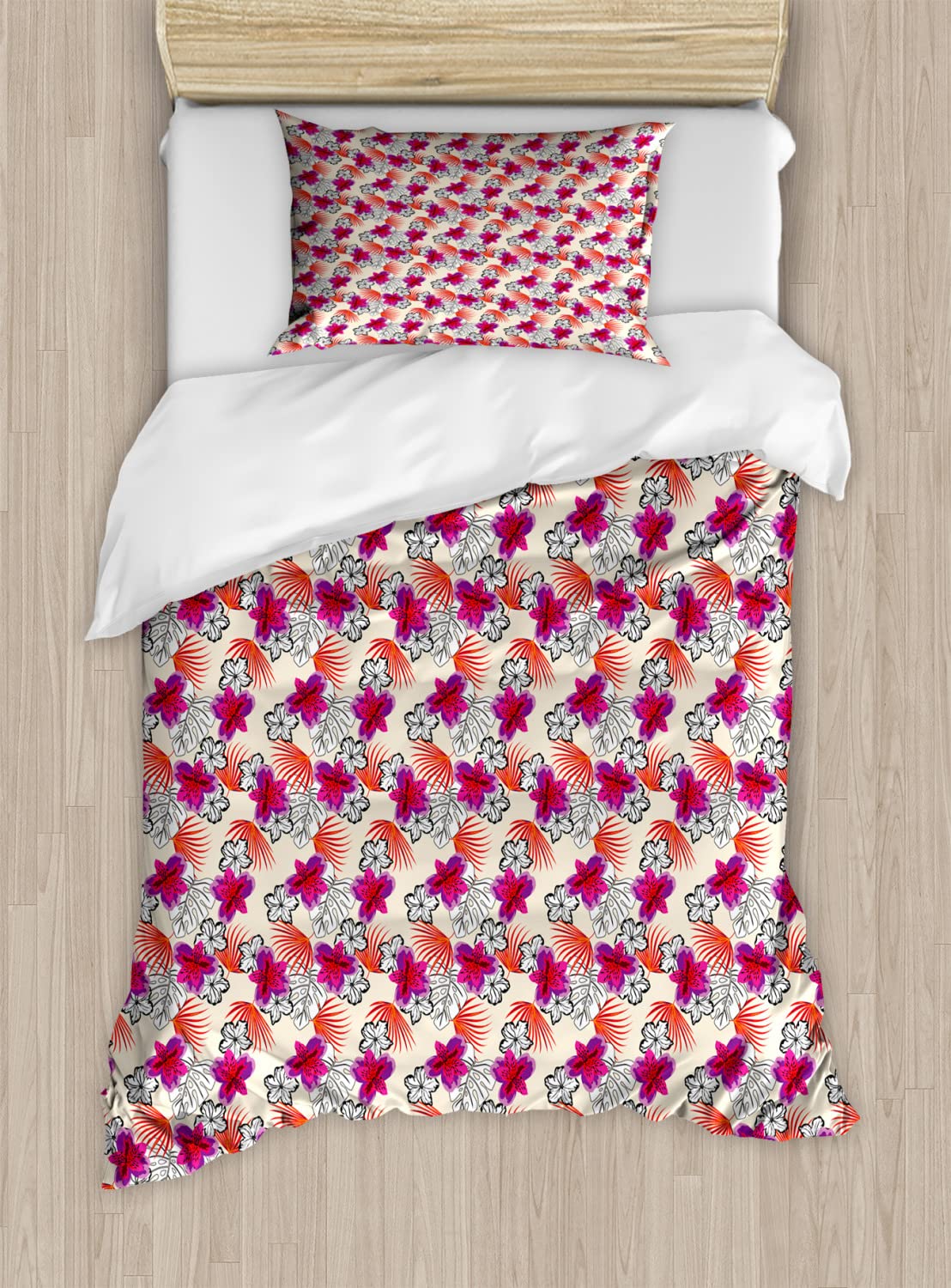 Ambesonne Aloha Duvet Cover Set - Tropical Flower & Rainforest Leaf Pattern, 2-Piece Queen Size Bedding Set with 4 Pillowcases, Multicolor Hawaiian Paradise Design | Perfect for Beach House Decor, Guest Room Makeover & Tropical Themed Bedrooms