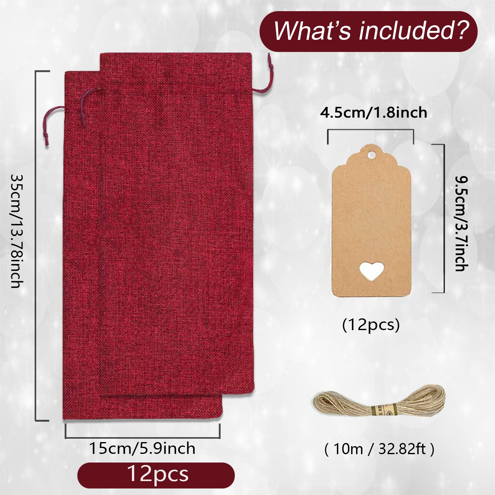 12-Pack Burgundy Red Burlap Wine Gift Bags with Drawstrings - Reusable Wine Bottle Bags for Parties, Christmas, Weddings, Birthdays & Housewarming Gifts - Perfect for Wine Storage & Elegant Gift Presentation