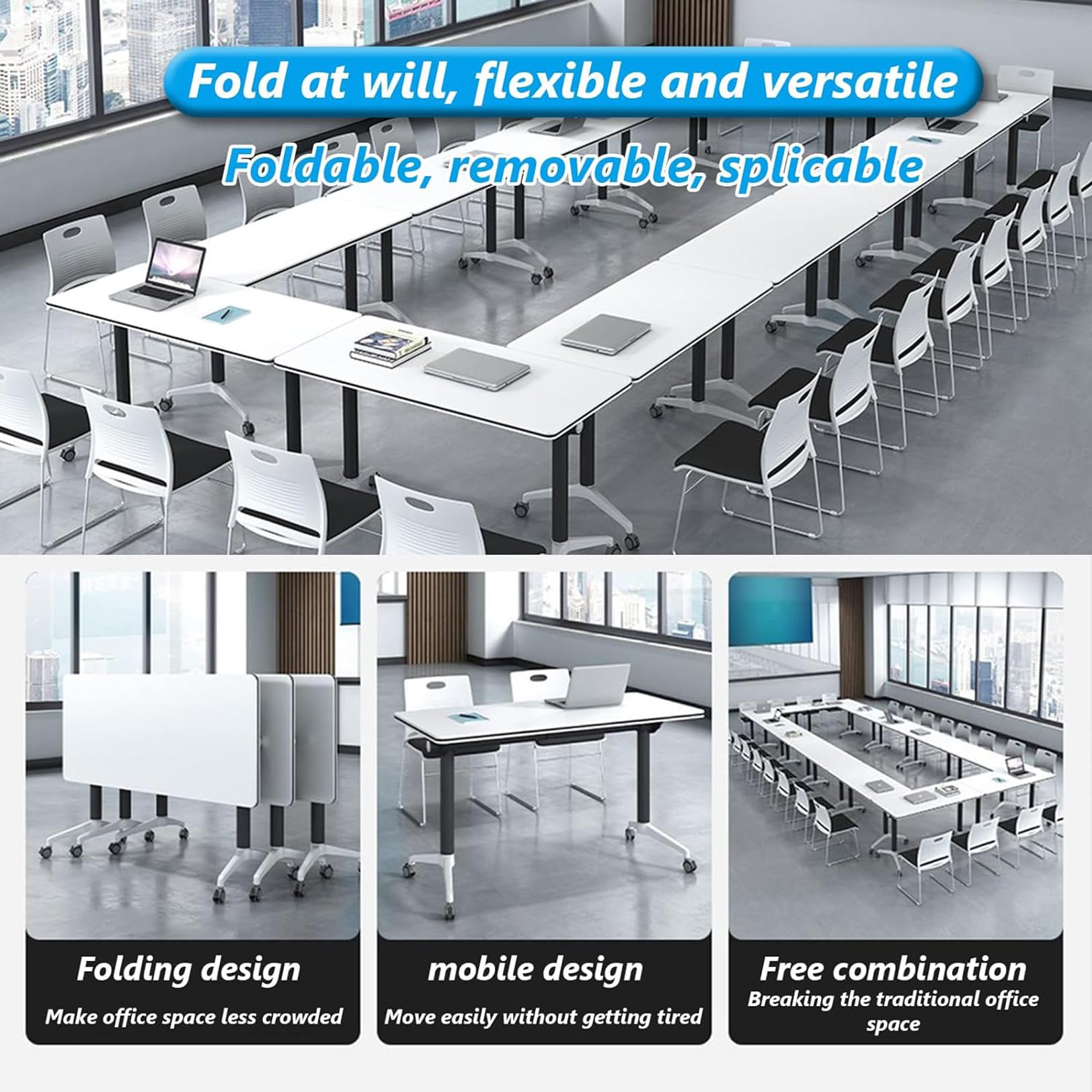 Foldable Conference Table with Wheels - Portable Meeting & Seminar Table for Office, Classroom, Training Room - Ideal for Business Meetings, Team Collaboration & Educational Sessions