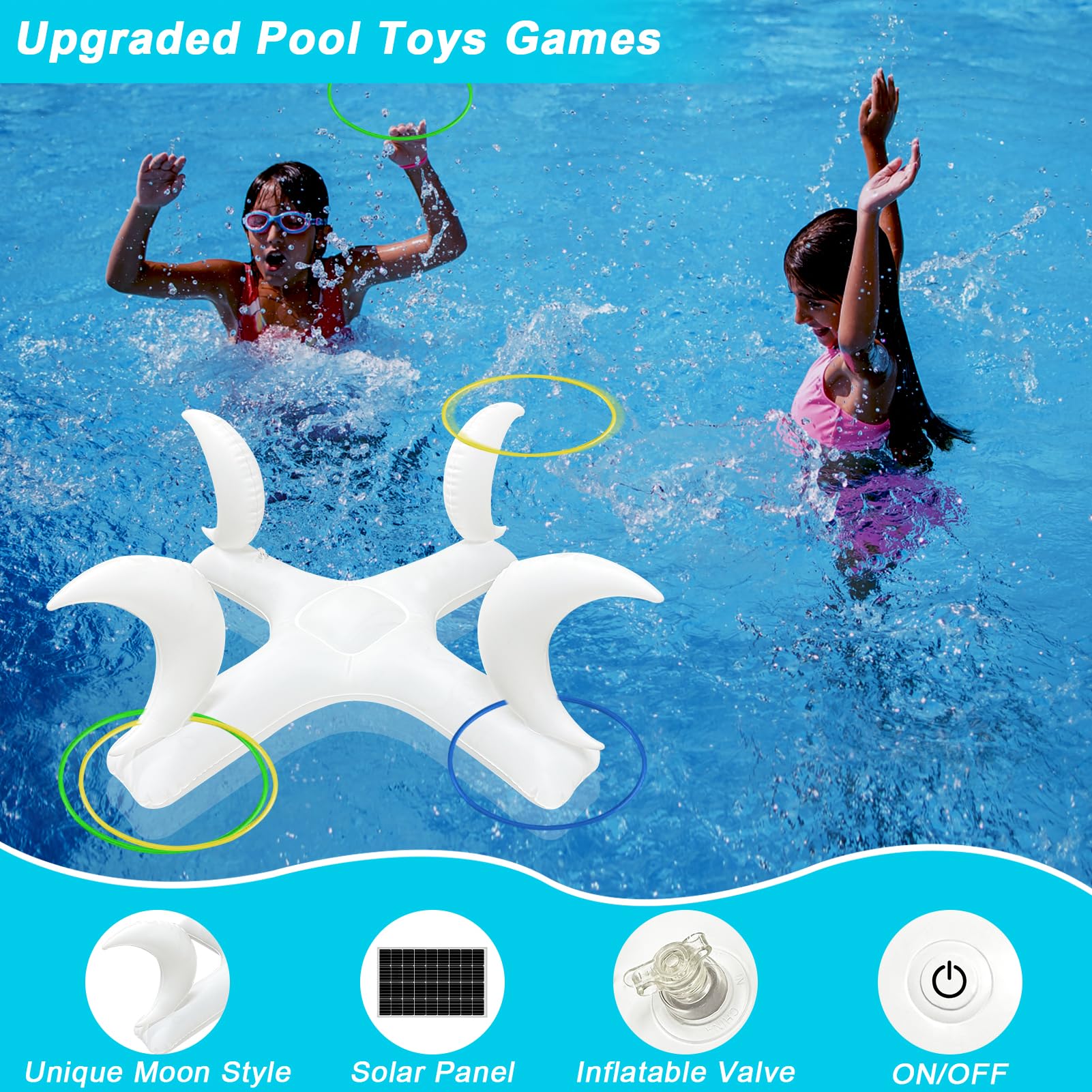 **Solar-Powered Moon Inflatable Pool Ring Toss Game with Colorful LED Lights – 6 Rings Included – Fun Water Toys for Kids, Toddlers & Adults – Perfect for Pool Parties, Summer Fun & Backyard Games**