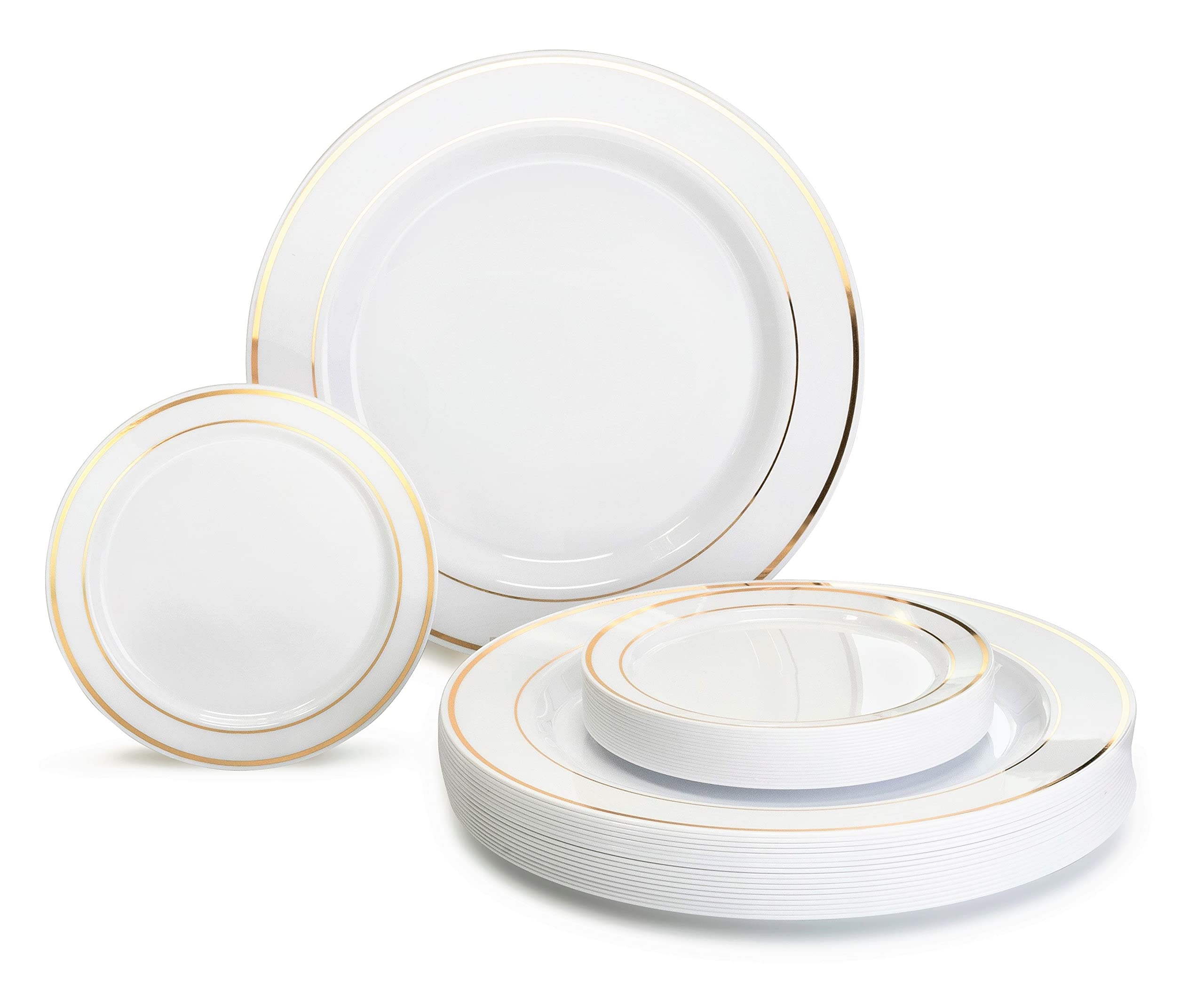 840-Piece Heavyweight Disposable Plastic Plate Set for Weddings & Parties - Includes 120 x 10.5'' Dinner Plates, 120 x 6.25'' Dessert Plates, Gold Silverware, Cups & Napkins (White & Gold Rim) - Perfect for Large Gatherings, Banquets & Special Events