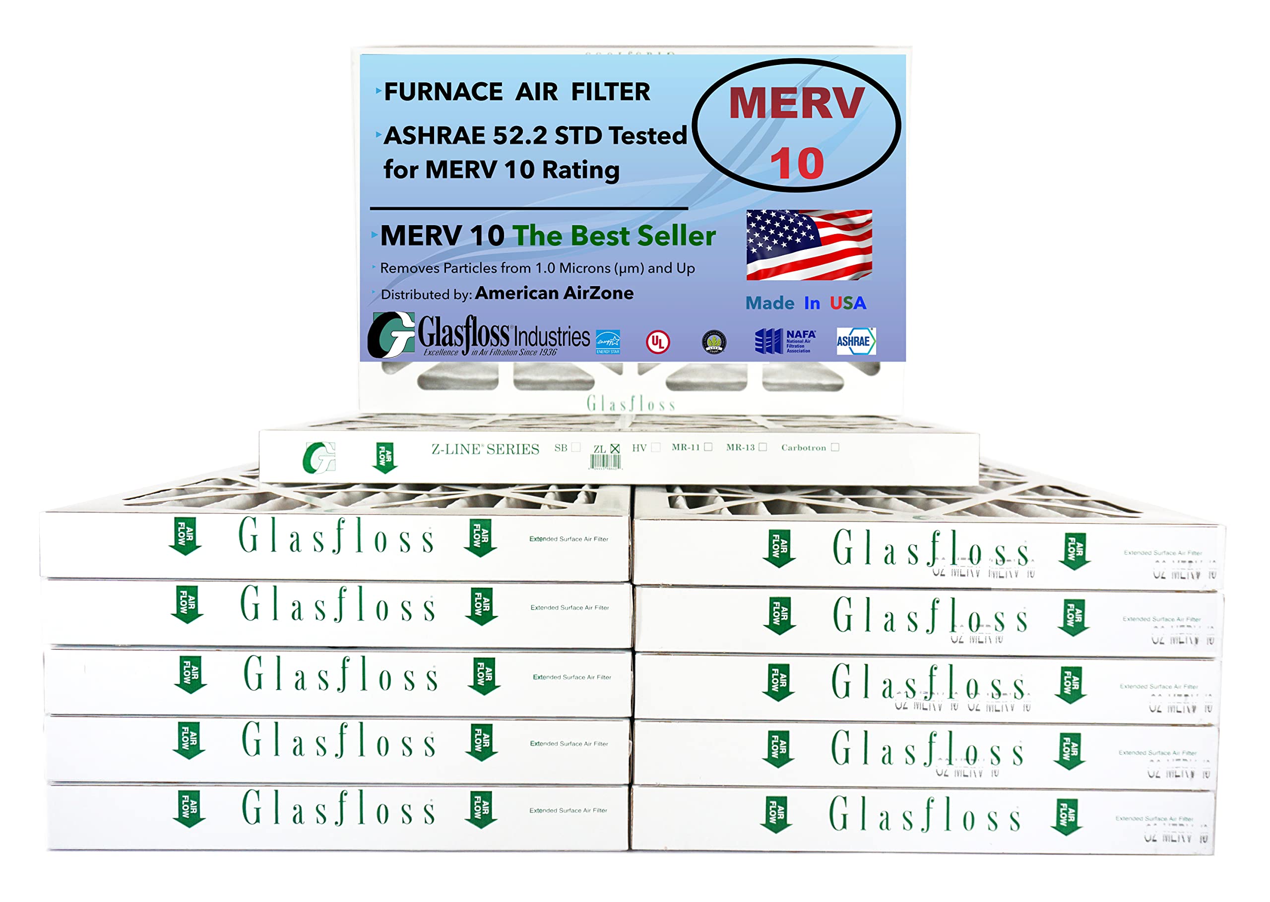 Glasfloss 16x30x2 MERV 10 Pleated Air Filter - Pack of 12 - High Efficiency Furnace & AC Filters - Made in USA (15.5x29.5x1.75) - Ideal for Home, Office & HVAC Systems