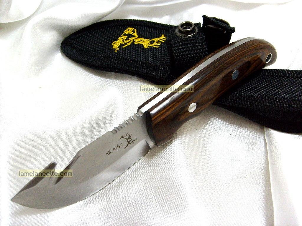 Elk Ridge ER-108 7-inch Fixed Blade Hunting Knife with Mirror Finish Gut Hook & Wood Handle - Survival Knife for Camping, Outdoor Adventures, Bushcraft & Tactical Use - Includes Nylon Sheath