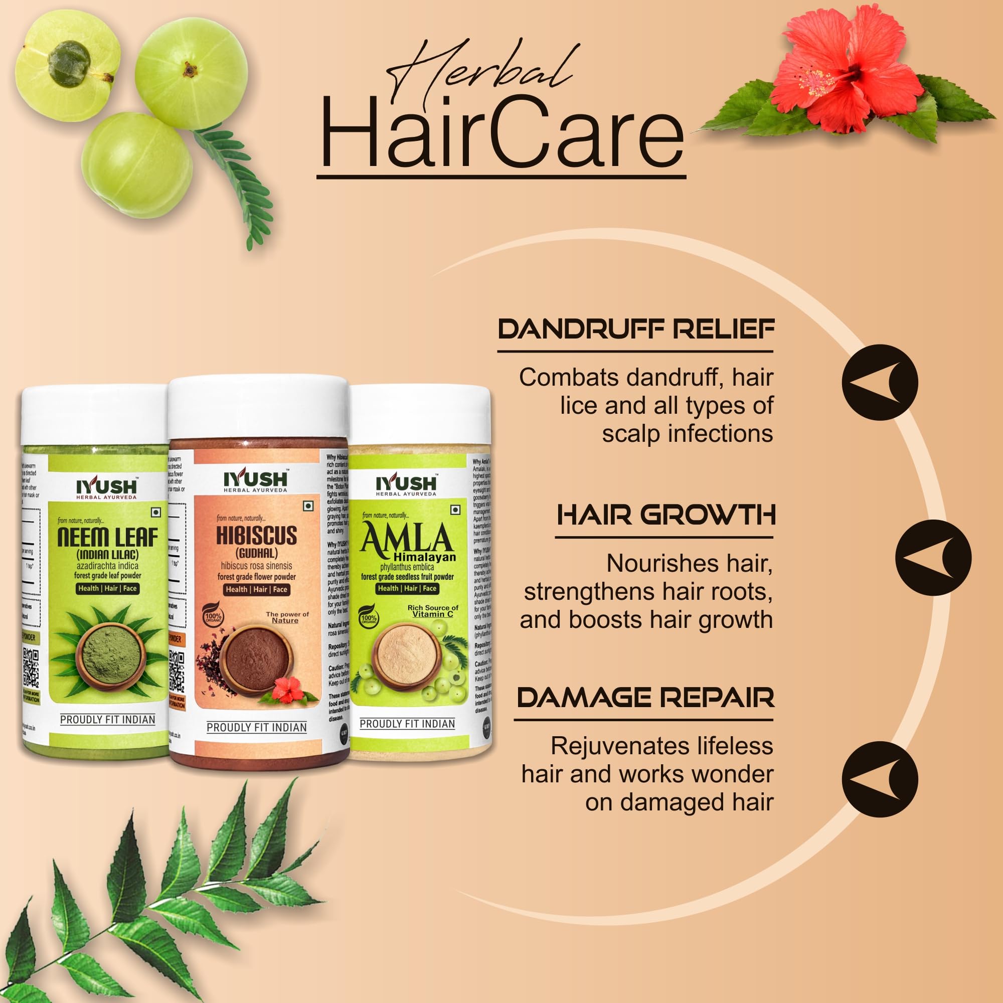 Organic Amla Neem Hibiscus Powder for Hair Growth & Skin Care – 300g Ayurvedic Hair Mask for Dry Frizzy Hair | Natural Volume Booster | Herbal Treatment for Dandruff & Scalp Health | Perfect for DIY Hair Masks & Ayurvedic Beauty Routines