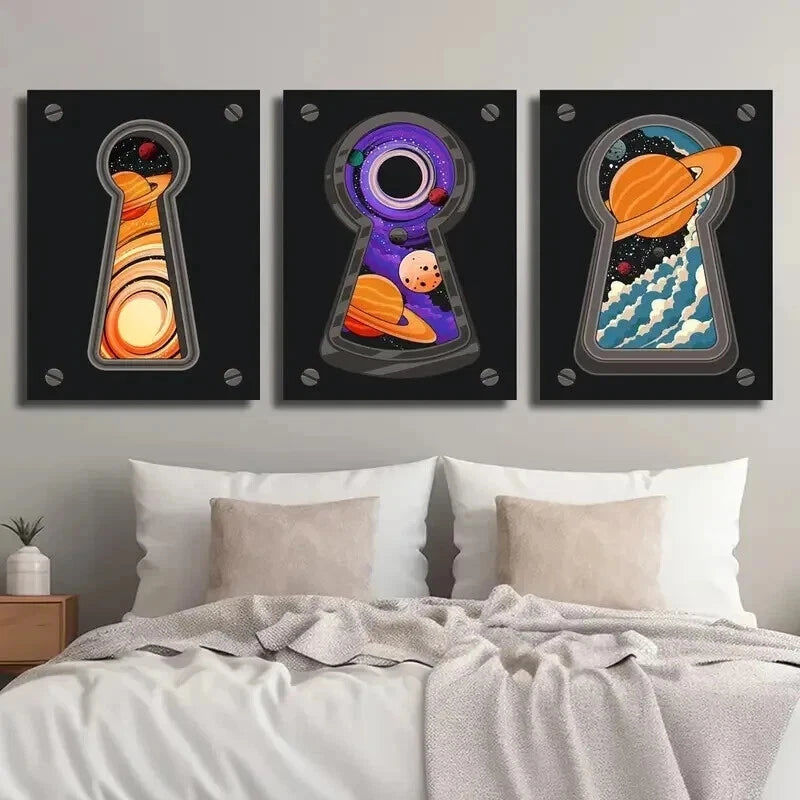 3-Piece Abstract Cosmic Keyhole Galaxy Wall Art Set - Framed Canvas Prints 50x70cm (20x28in) - High Quality Space-Themed Home Decor - Ready to Hang for Living Room, Bedroom or Office Decorations