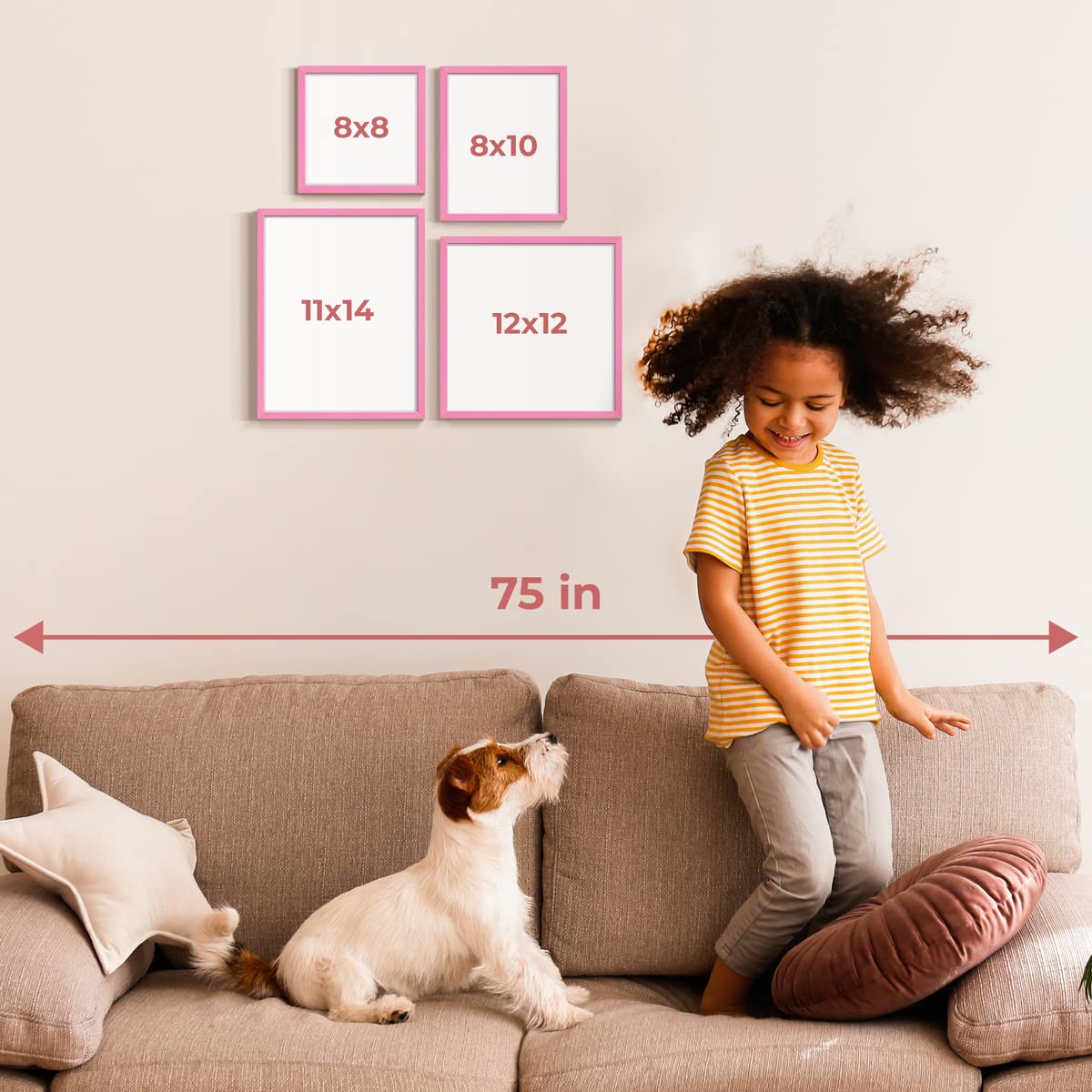 Custom Photo Frames Set of 4 - 8x8 Real Wood Picture Frames with Peel & Stick Backing for Personalized Photo Collages | Pink Wooden Wall Frames for Home Decor, Bedroom, Living Room & Office Display