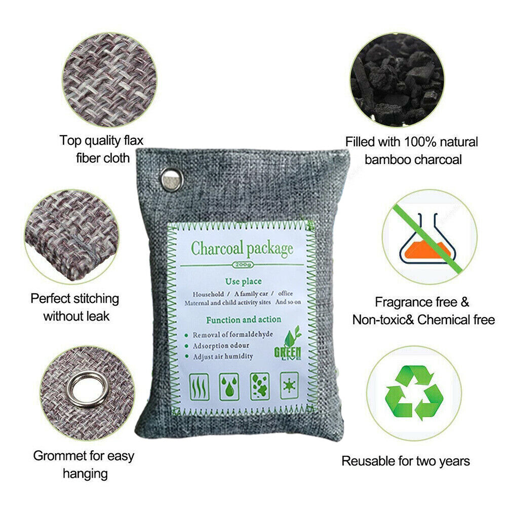 10PCS Activated Bamboo Charcoal Air Purifying Bags - 200g Natural Odor Eliminator for Car, Home, Closet & Shoes | Freshen Air, Absorb Moisture & Remove Bad Smells | Ideal for Pet Areas, Gym Bags & Musty Spaces