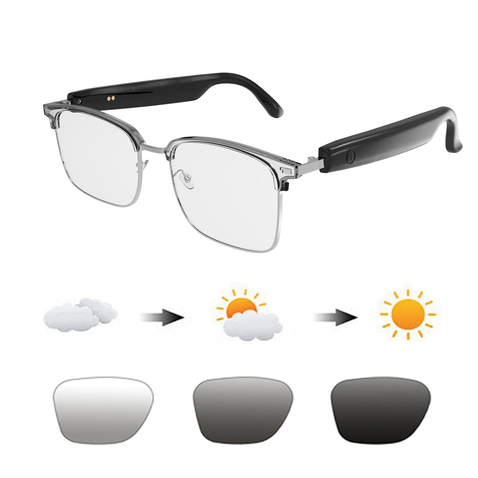 Smart Bluetooth Glasses for Men & Women - Open Ear Audio, Transition Lenses for Sports & Music Calls (Black/Silver) - Perfect for Running & Outdoor Activities