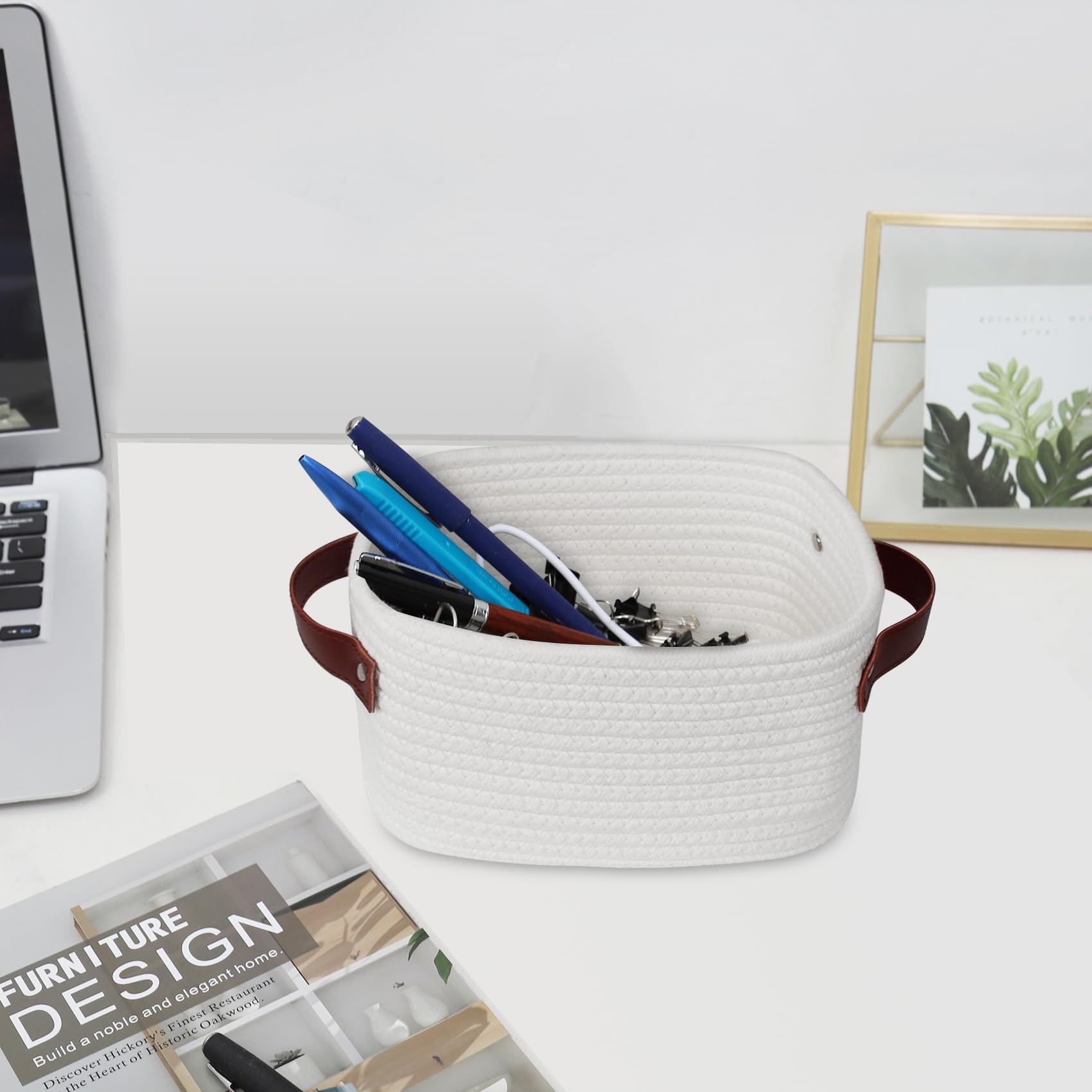 ABenkle Small Storage Basket with Handle - Mini Cotton Rope Woven Shelf Basket, Boho Decorative Organizer for Nursery, Bathroom, Spa | Perfect for Toys, Blankets & Gift Giving - XS Size in White