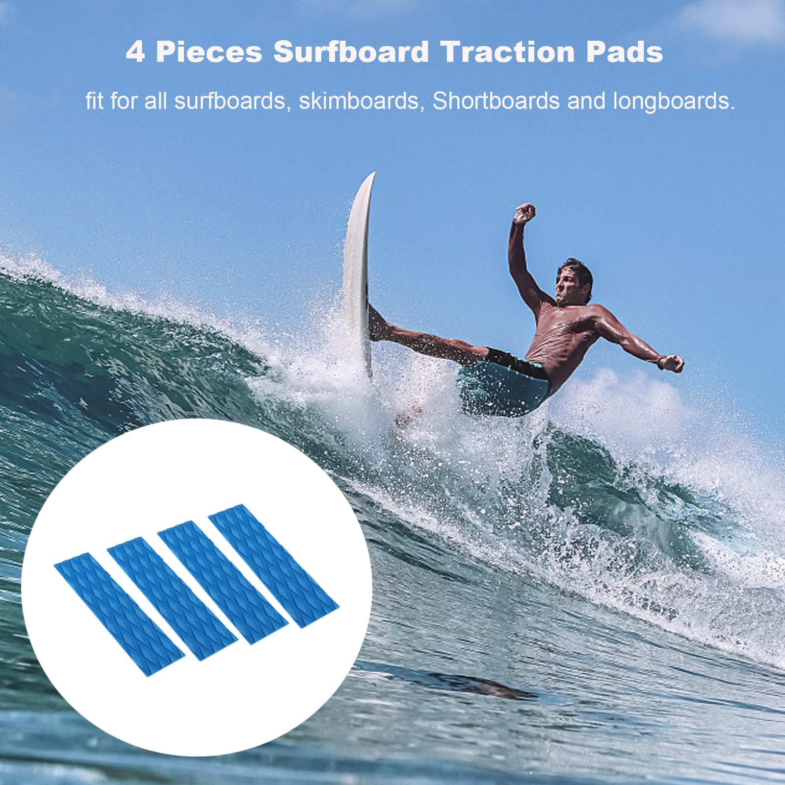 4-Piece Surfboard Traction Pads - Non-Slip EVA Front Deck Grip for Surfboards, Longboards, Shortboards, Funboards, Fish & Skimboards - Perfect for Surfing, Kayaking & Water Sports