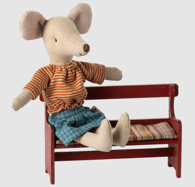Maileg Red Bench Mouse Furniture - Adorable Miniature Wooden Mouse Chair for Dollhouse & Playroom Decor - Perfect for Kids' Pretend Play & Collectible Displays