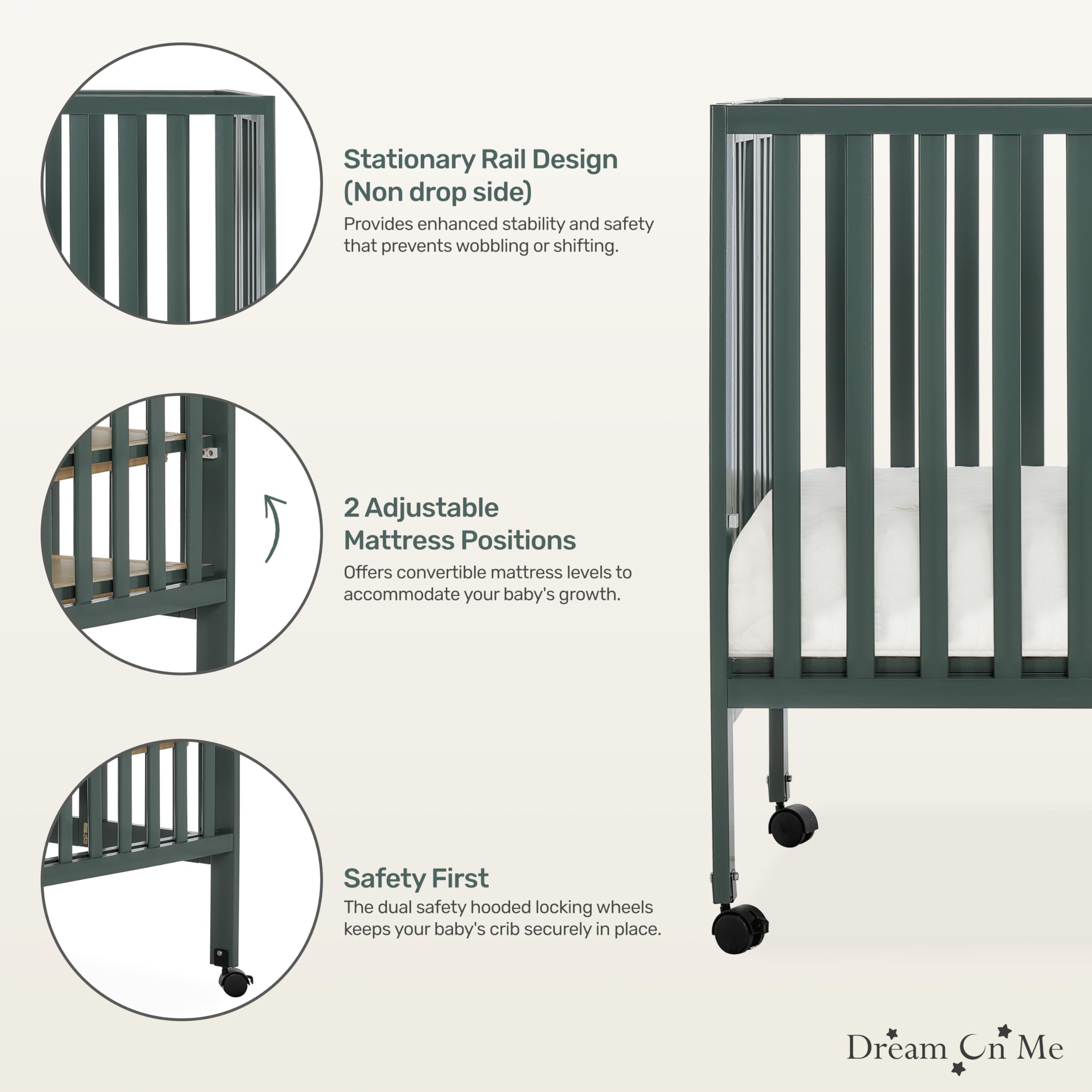 Dream On Me Quinn Full-Size Folding Crib - Olive Green | Removable Wheels & Adjustable Mattress Support | Modern Nursery Essential | Portable Baby Bed with Patented Folding System | Perfect for Travel, Small Spaces & Guest Rooms