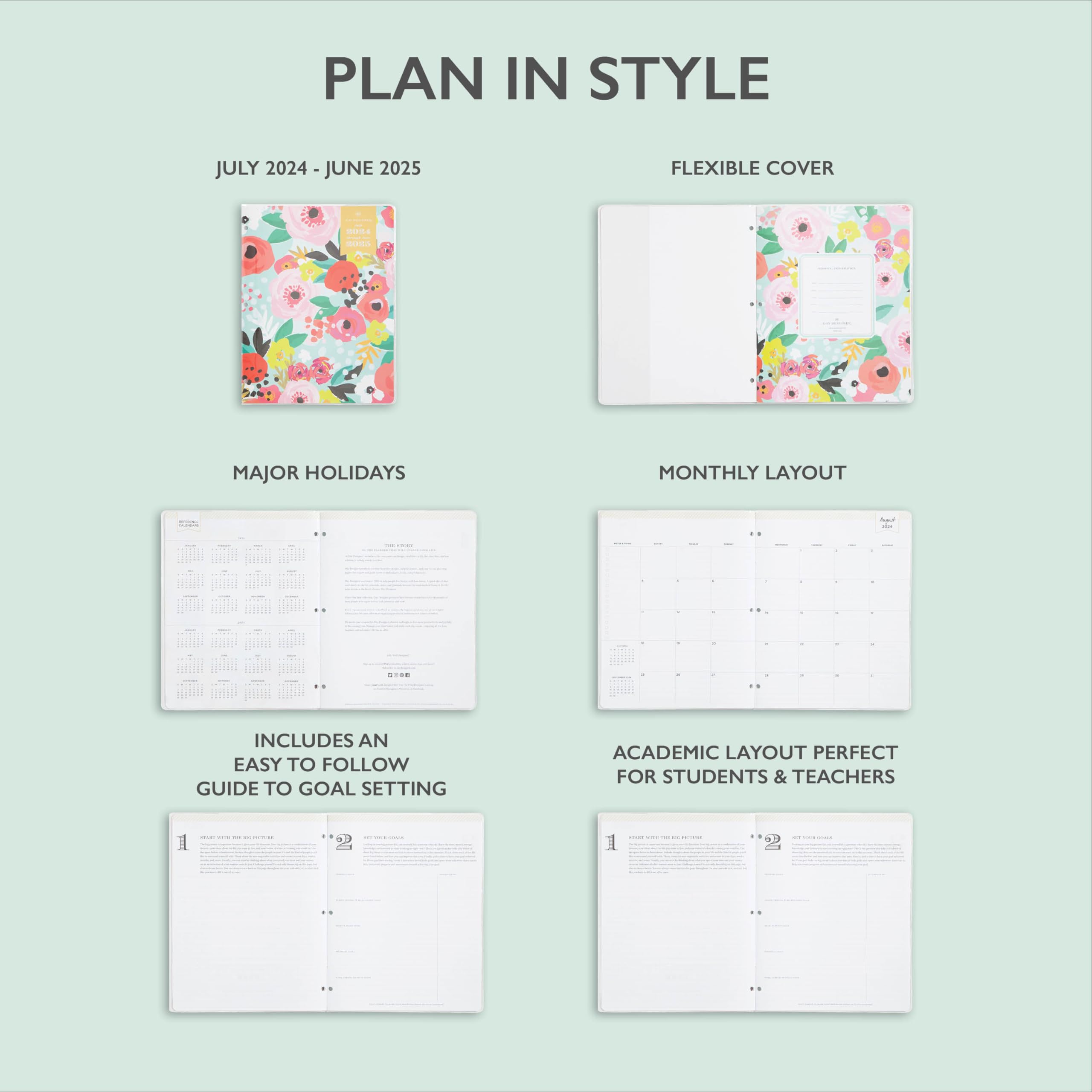 2024-2025 Academic Planner - Blue Sky Day Designer Monthly Organizer 8.5” x 11” with Clear Cover & Stapled Binding, Secret Garden Mint (137901-A25) - Perfect for Students, Teachers & Office Professionals