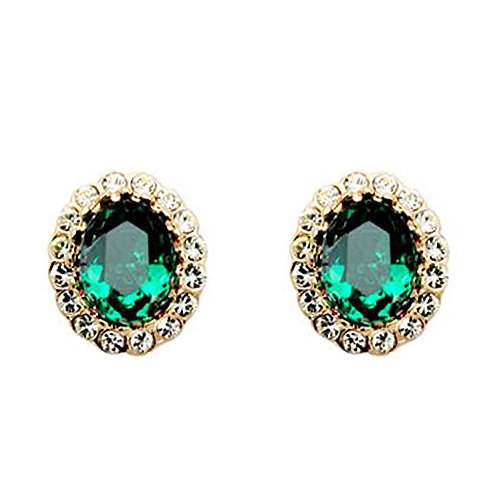 Gold Plated Oval Emerald Green Swarovski Crystal & Cubic Zirconia Stud Earrings for Women, Elegant Fashion Jewelry for Party, Wedding & Daily Wear