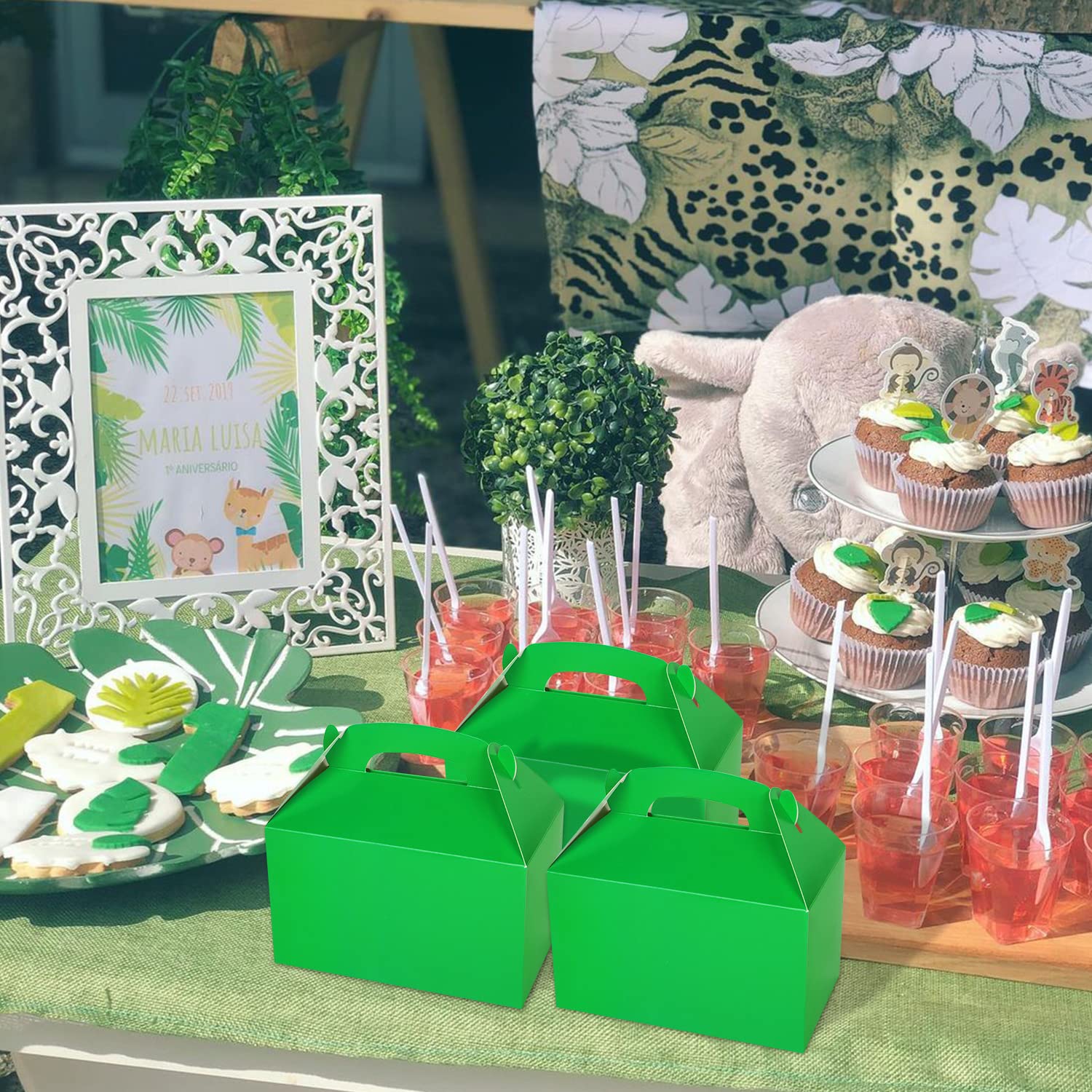 24-Pack Green Party Favor Treat Boxes with Handles - Eco-Friendly Candy Cake Gift Boxes for Jungle Forest Birthday, Baby Shower, Wedding & St. Patrick's Day Party Decorations - Perfect for Snack Goodies and Party Favors