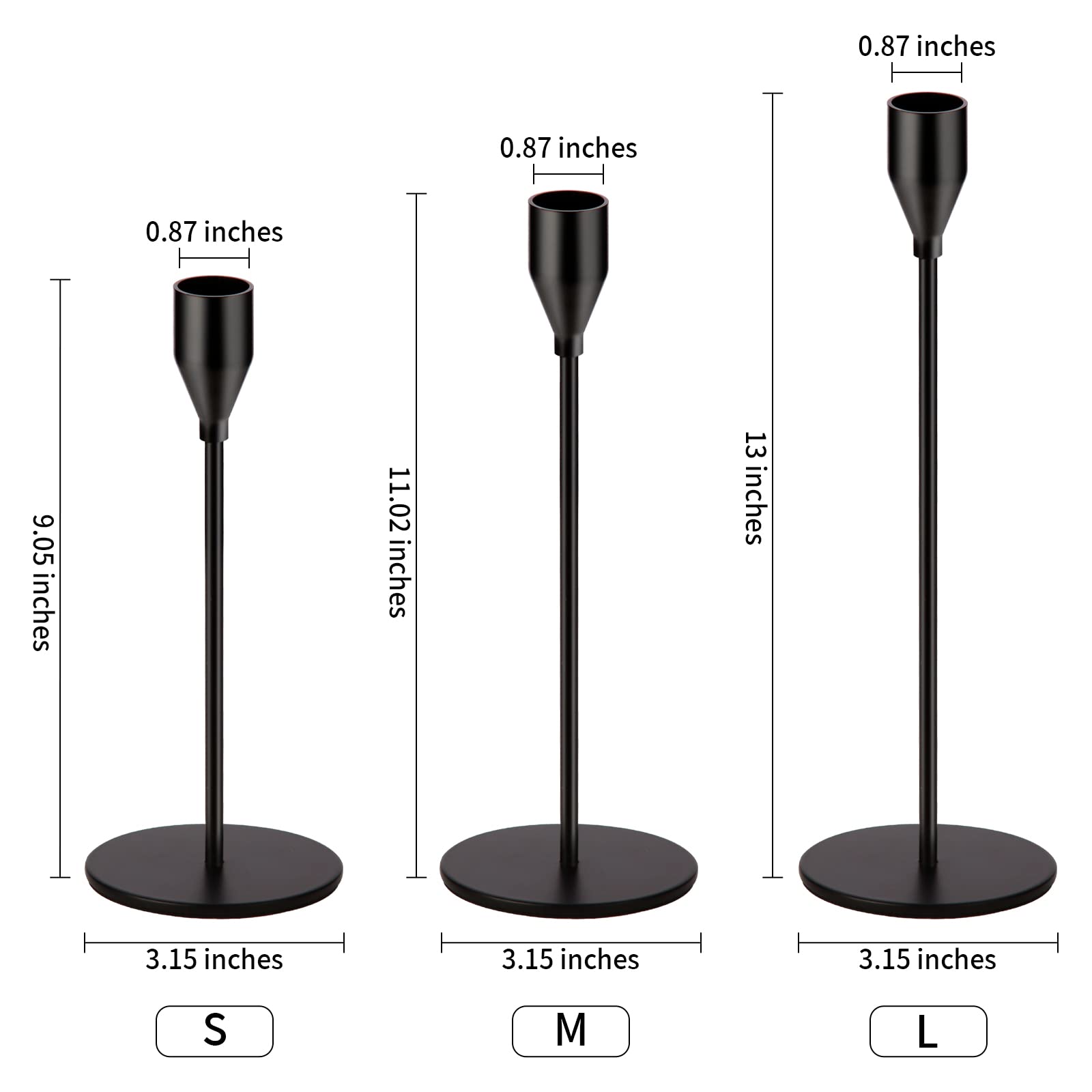 Matte Black Metal Candle Holders Set of 3 - Elegant Candlestick Holders for Wedding, Dining, Party Decor - Fits 3/4 Inch Thick Candles & LED Candles - Perfect for Centerpieces, Table Settings, and Romantic Ambiance