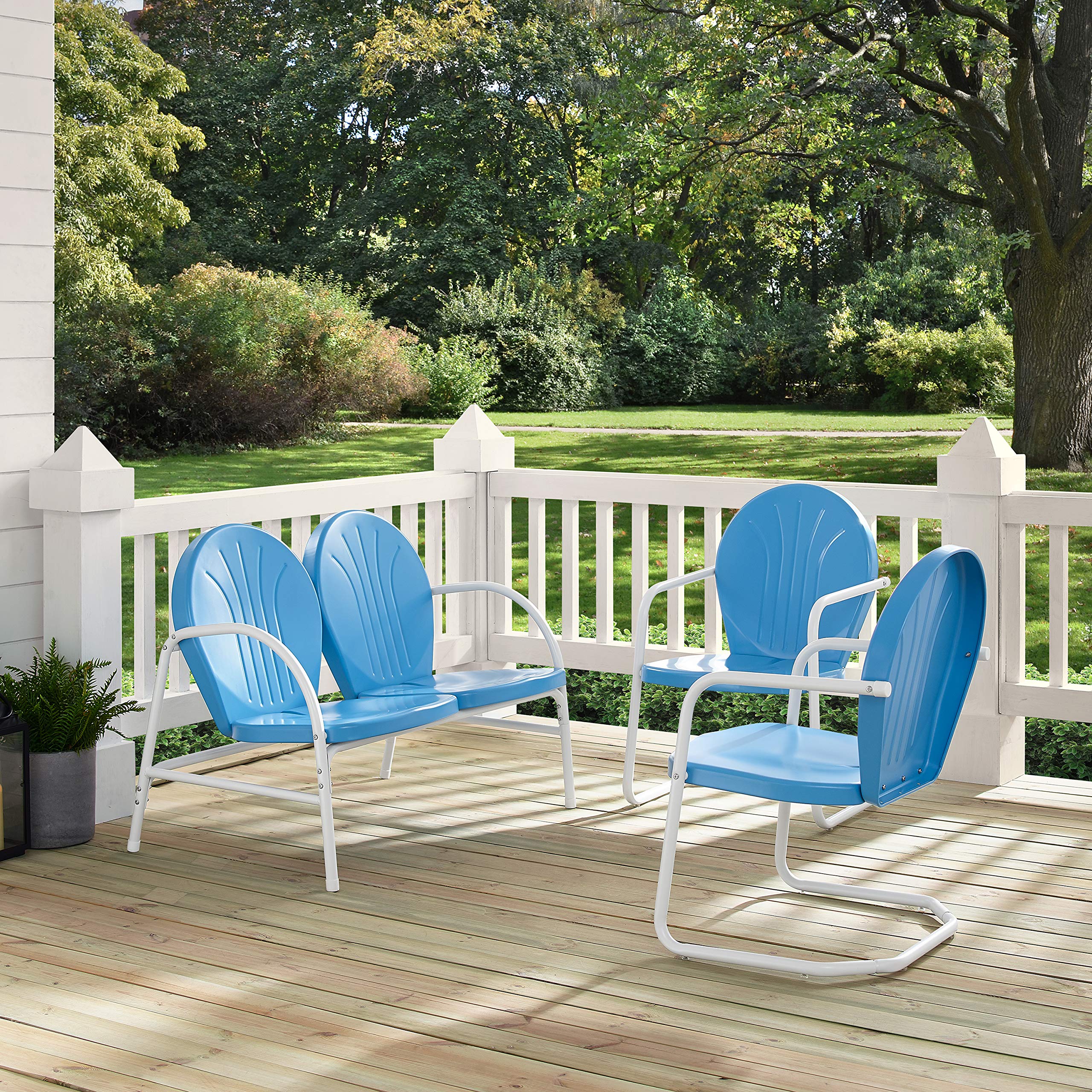 Crosley Griffith 3-Piece Retro Metal Outdoor Patio Set - Sky Blue Bistro Chairs & Loveseat for Porch, Garden, Poolside & Backyard Relaxation