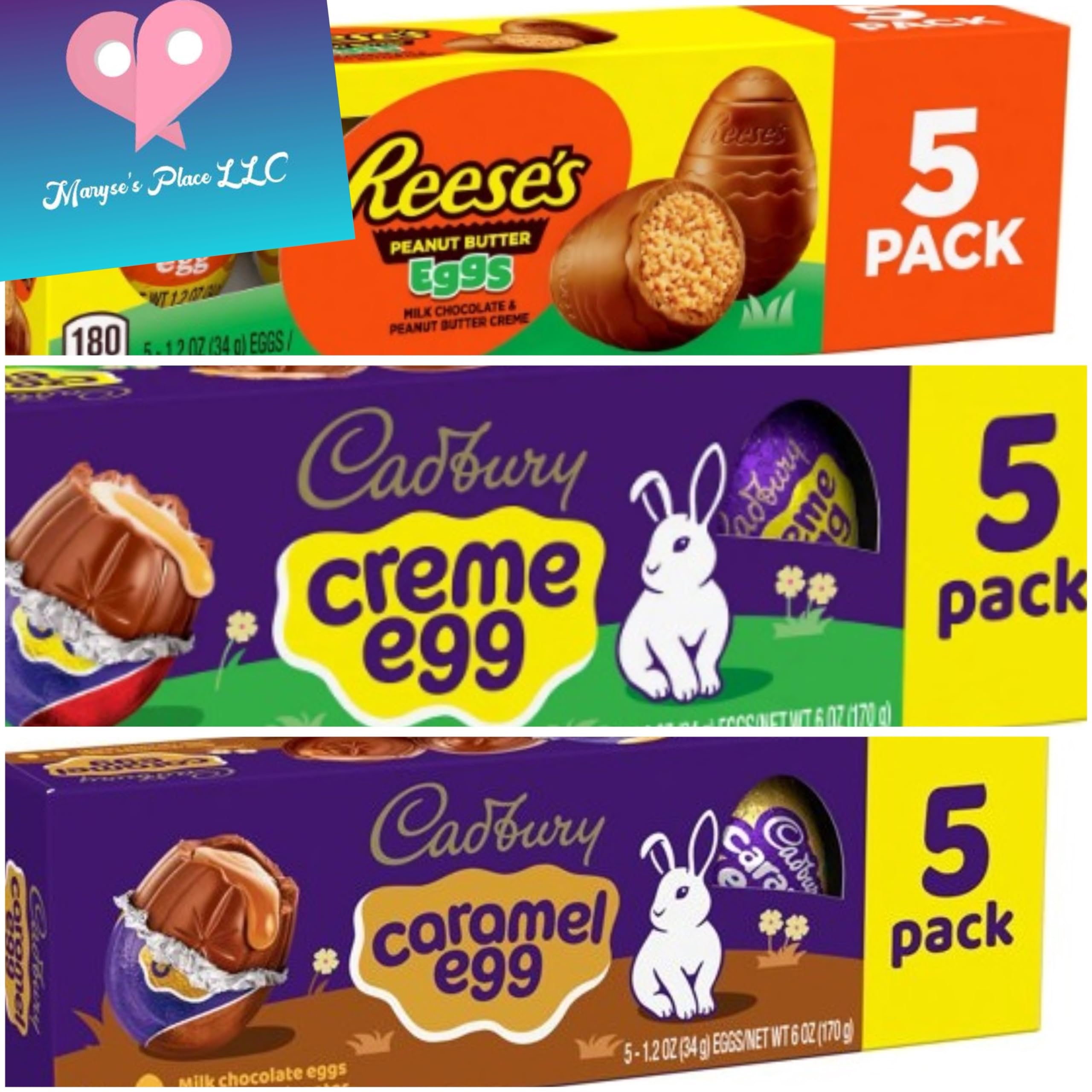 Maryseplace Easter Chocolate Variety Pack - 15 Assorted Eggs (Peanut Butter, Cadbury Creme & Caramel Creme) - Easter Basket Filler, Party Decor & Gift Boxed Treats - Perfect for Easter Egg Hunts, Holiday Celebrations & Sweet Gifts - Includes Free Fridge Sticker