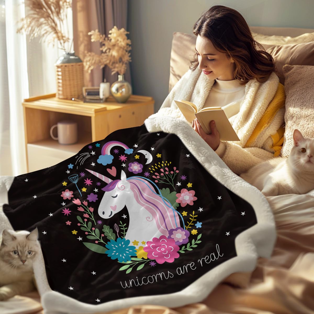 Cute Plush Unicorn Fleece Blanket - Soft Cartoon Unicorn with Flowers Design, Black Sherpa Blanket for Kids, Adults & Women (30x40 inches) - Perfect for Bedroom, Nursery, Sofa & Gift Giving