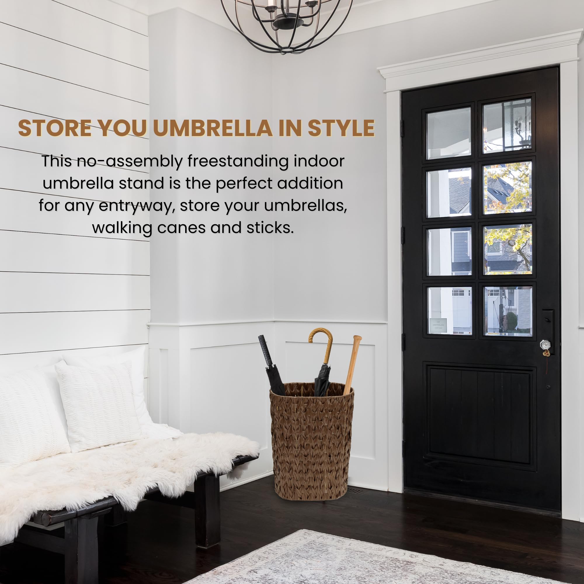 Stylish Wicker Umbrella Stand - 6.7x17.3 Inch Tall Narrow Umbrella Storage Bin for Entryway, Indoor Faux Rattan Cane Holder Basket (Brown) - Perfect for Home, Office & Restaurant Organization