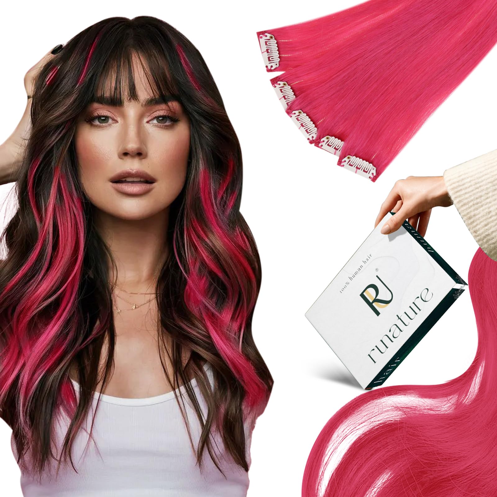 RUNATURE 14 Inch Pink Clip-in Human Hair Extensions - 5pcs 25g Real Human Hair, Hot Pink Straight Hair Extensions for Kids & Teens - Perfect for Parties, Cosplay, Halloween & Daily Styling