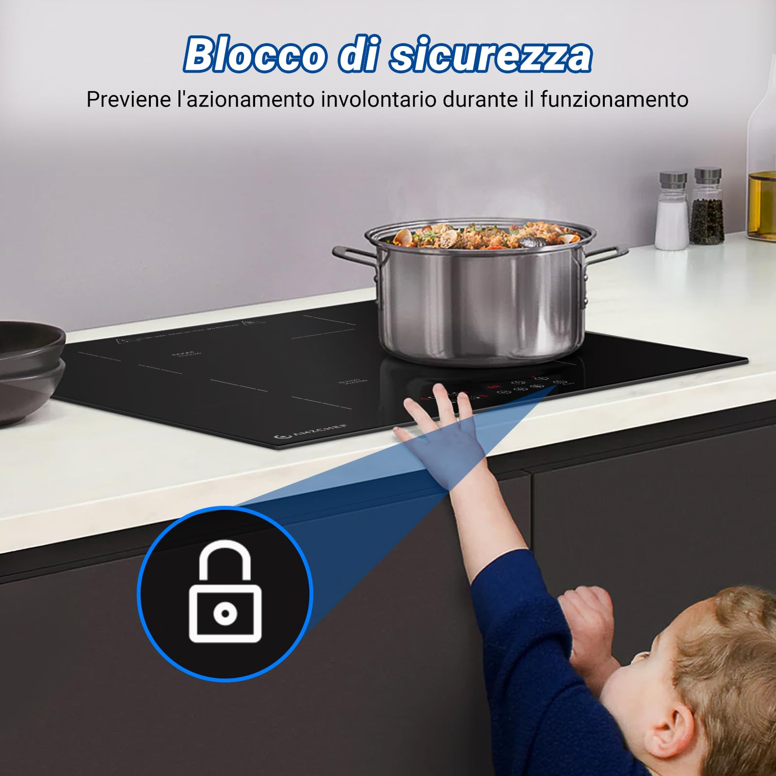 AMZCHEF 60cm 4-Burner Induction Cooktop with Boost Function, 9 Power Levels, Safety Lock, Touch Control, Timer - 7200W for Fast & Efficient Cooking - Perfect for Home Kitchens, Restaurants & Outdoor Use