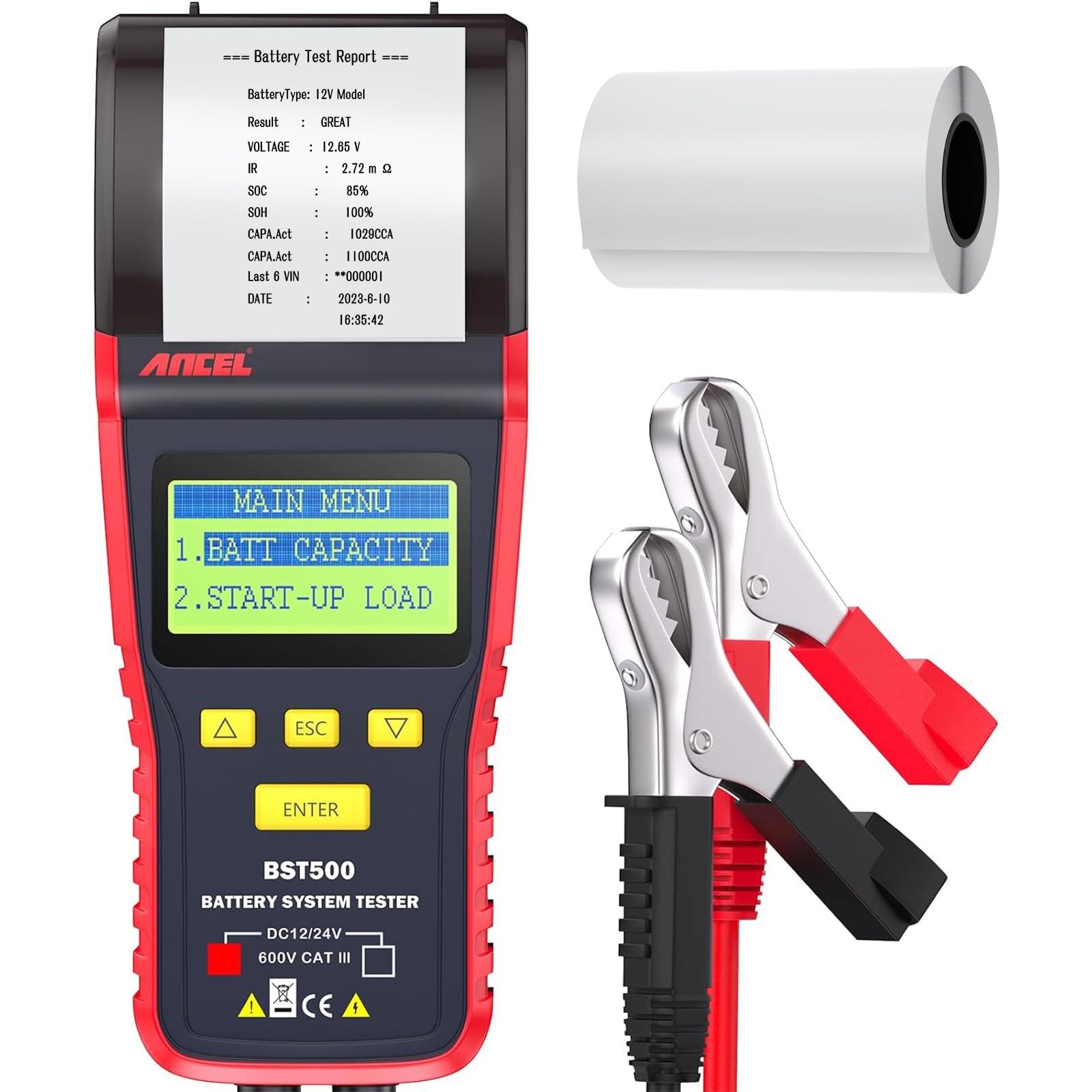 ANCEL BST500 12V 24V Car Battery Load Tester with Printer - 99% Accurate Automotive Battery Analyzer for Cranking & Charging System - Heavy Duty Battery Tester for Car, Truck, SUV, ATV, RV - Perfect for Mechanics & DIY Auto Maintenance