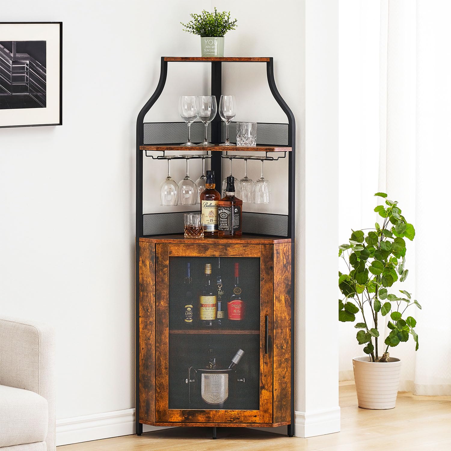 Rustic Brown GAOMON 4-Tier Corner Wine Bar Cabinet - Large Storage Space, Removable Wine Rack, Coffee Bar with Glass Holder & Mesh Door - Perfect for Home Bar, Kitchen, Dining Room & Entertaining Guests