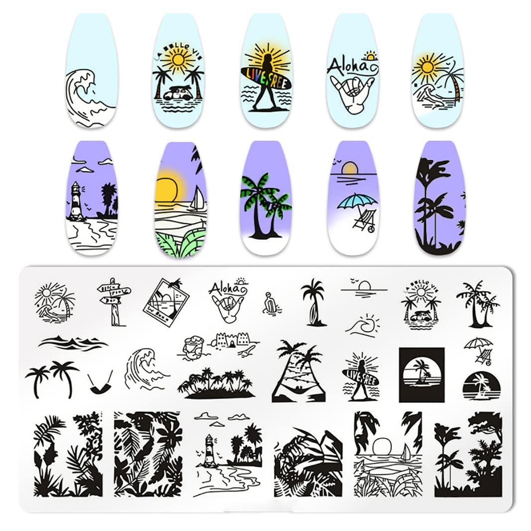 6-Piece Summer Beach Nail Stamping Kit with Seaside Scenery Designs - Coconut Trees, Sunset Waves, Sea Animals - DIY Nail Art Plates for Manicure & Pedicure - Perfect for Summer Vacations, Beach Parties & Nail Salon Use