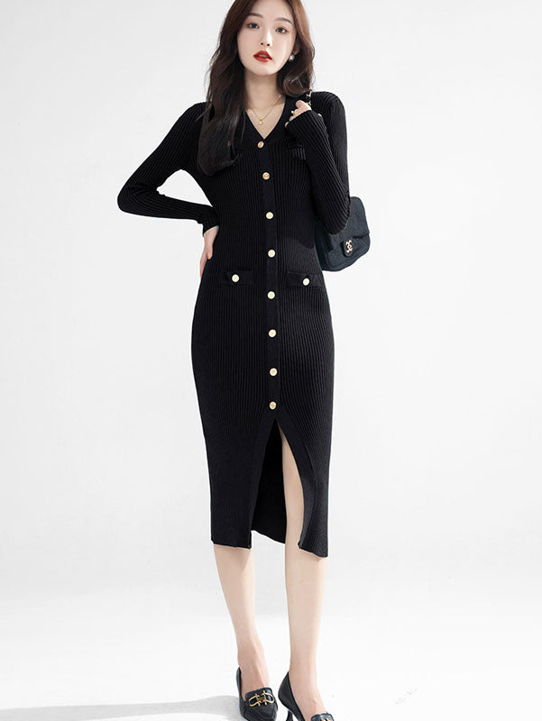 Green & Black Winter Knit Sweater Button-Up Midi Dress for Women | Cozy Cold Weather Outfit | Perfect for Holiday Parties & Casual Winter Wear