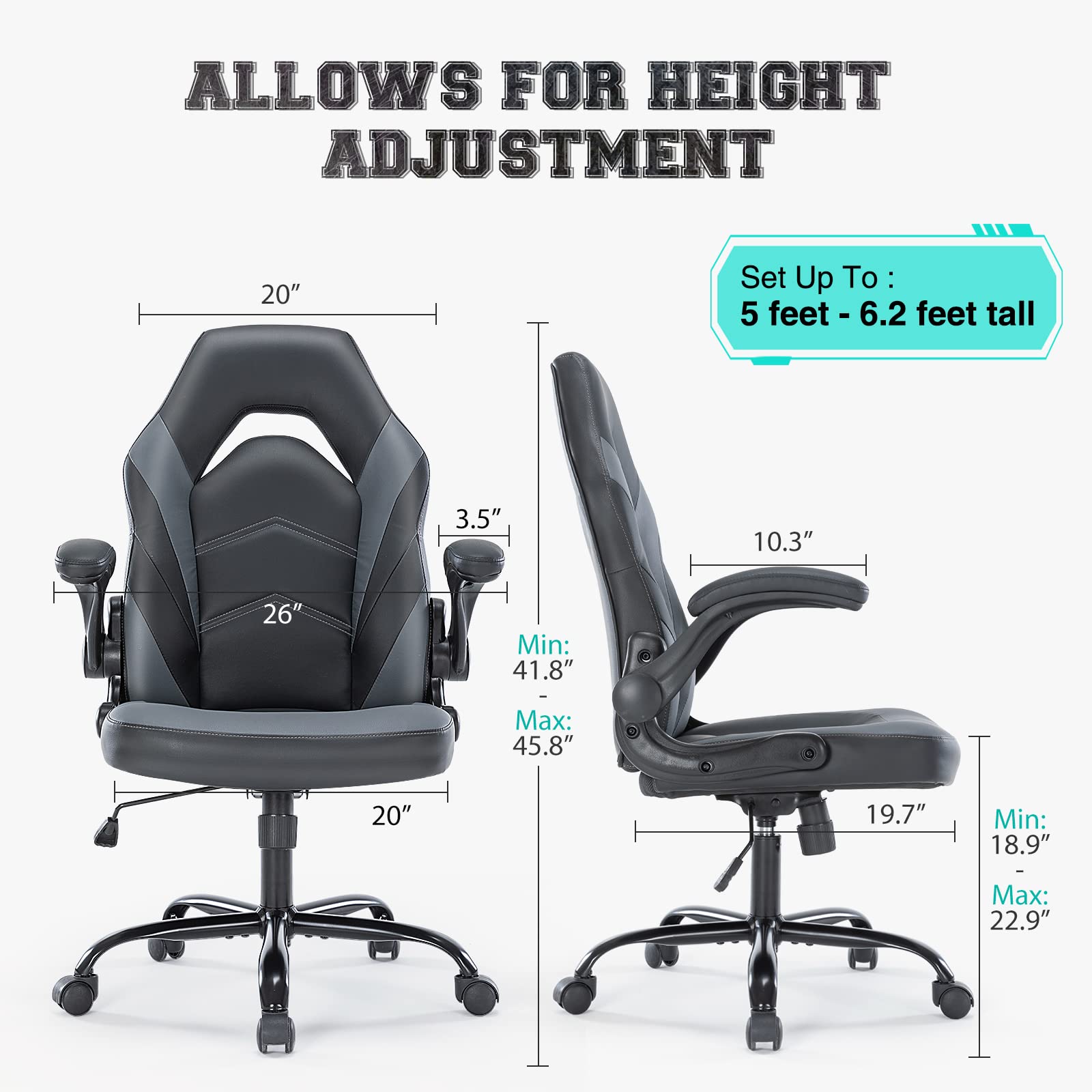 DUMOS Ergonomic Gaming & Office Chair with Flip-Up Armrests, Adjustable Height, Lumbar Support - Comfortable Computer Desk Chair for Home, Work & Gaming (Grey) - Perfect for Long Hours of Work, Streaming & Esports