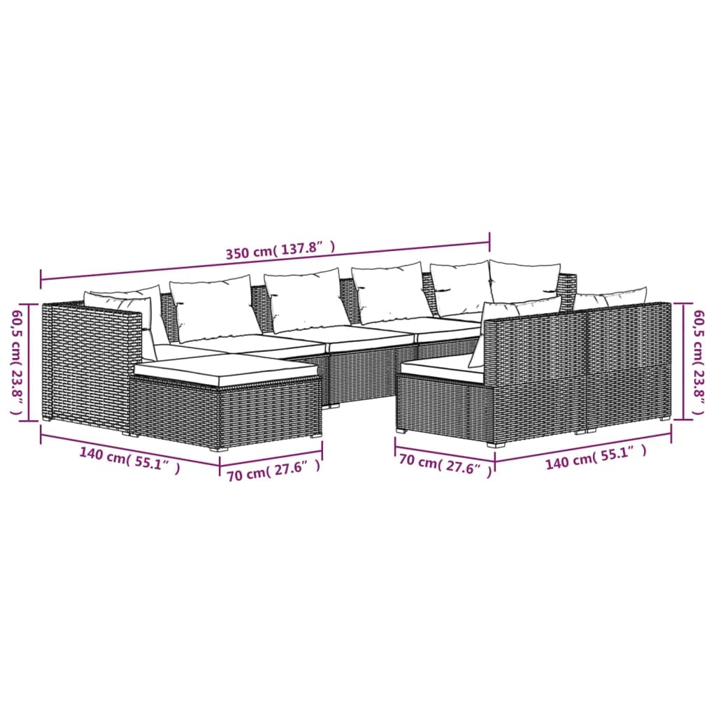9-Piece vidaXL Patio Lounge Set - Outdoor Garden Furniture with Cushions, Black Poly Rattan Sectional Sofa for Backyard, Poolside & Patio Relaxation