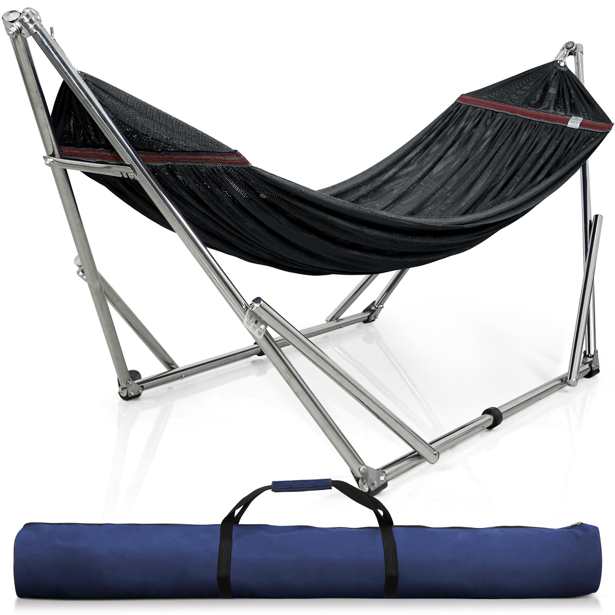 Tranquillo Heavy Duty Adjustable Hammock Stand with 650 lbs Capacity - Portable Collapsible Camping Hammock Stand for 2 Persons - Easy Assembly Non-Slip Noise-Free Black Steel Frame - Perfect for Backyard, Patio, Beach & Outdoor Relaxation
