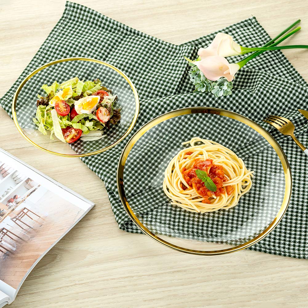 NUPTIO 10-Piece Gold Rim Glass Charger Plates Set - Clear Round Salad Dishes & Dinner Plates for Wedding, Christmas, Easter Party Decor - Elegant Table Setting for Fine Dining, Buffet & Dessert Display