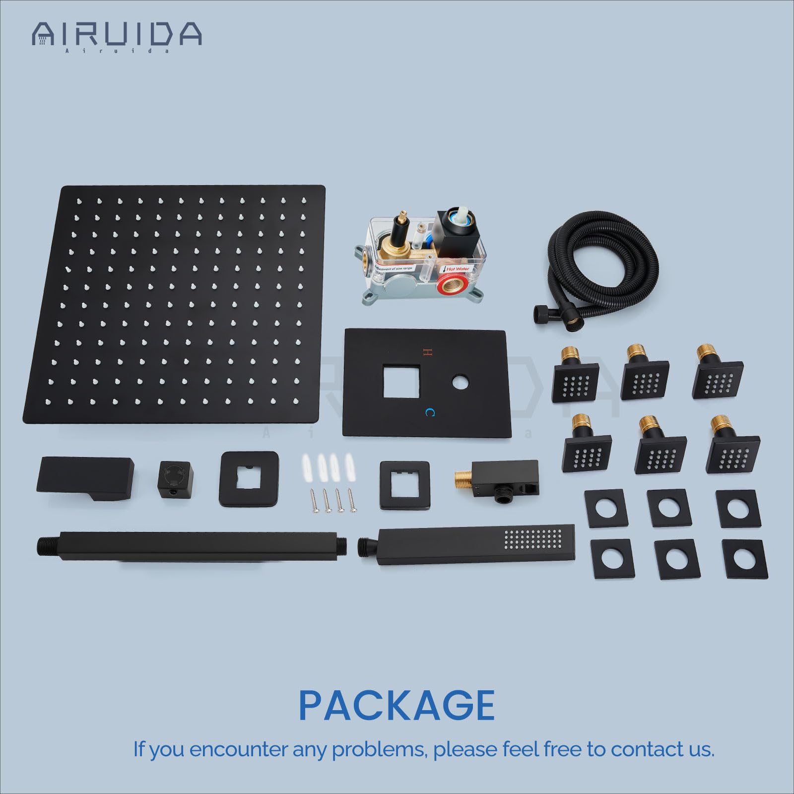 Airuida Matte Black Ceiling Mount Shower System Set - 12 Inch SUS304 Rainfall Shower Head with 6 Body Spray Jets, Brass Handheld Rain Mixer for Full Body Shower Experience | Perfect for Modern Bathroom Renovation & Spa-Like Relaxation