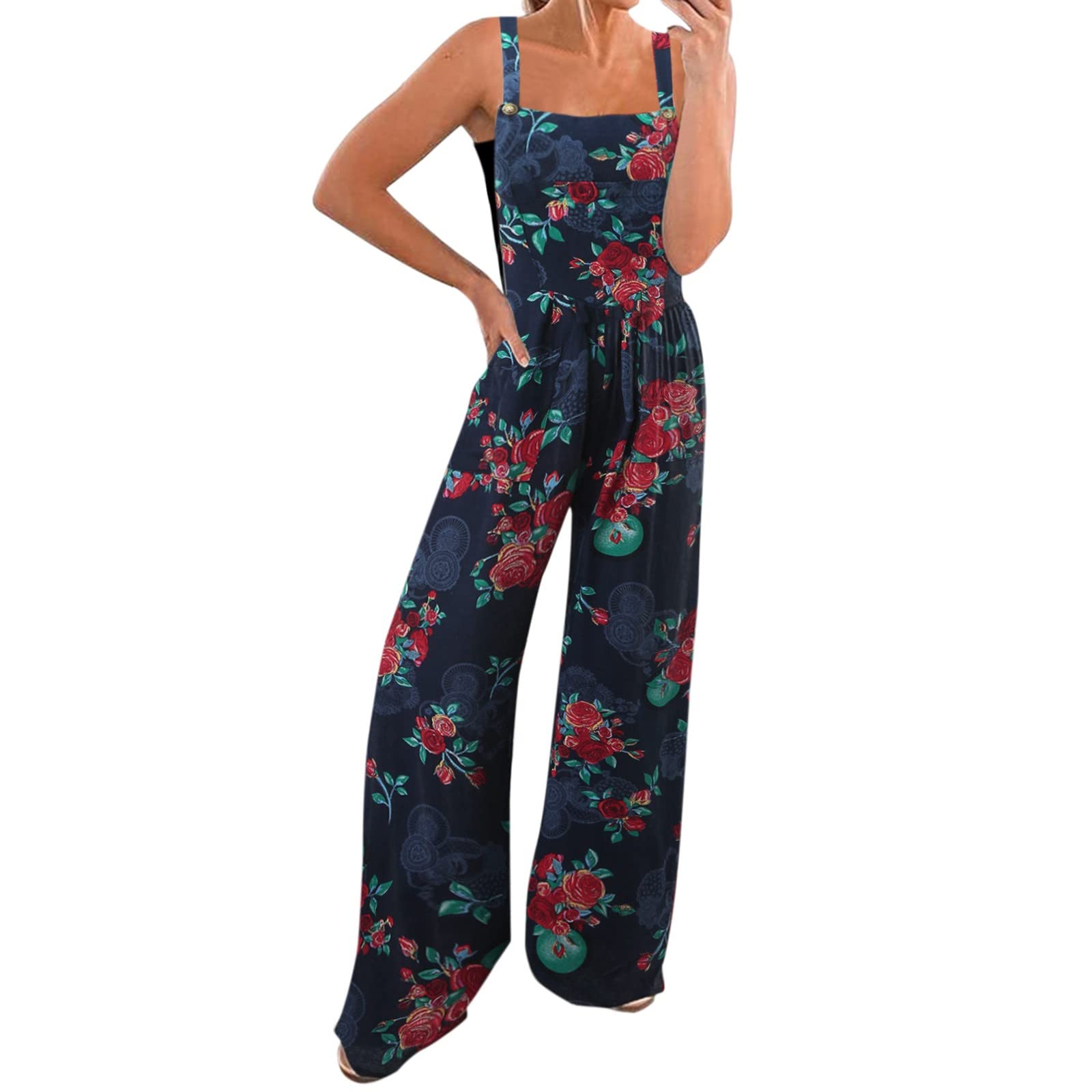 Women's Vintage Floral Print Casual Button-Up Jumpsuit - Loose Fit Long Pants with Adjustable Straps - Perfect for Summer Outings, Beach Vacations & Boho Fashion