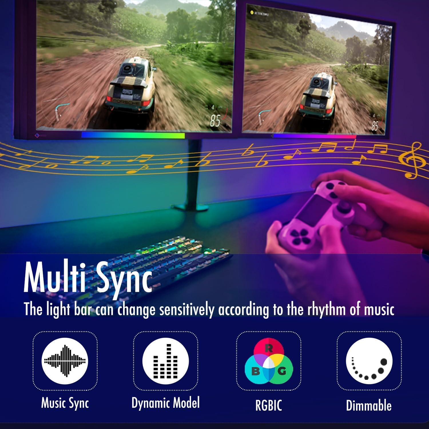 RGB Gaming Light Bar with Music Sync - 2-in-1 USB LED Desk Lamp for PC Monitor & TV, Remote & App Control, Dynamic Rainbow Effects - Perfect for Gaming Setup, Home Office & Room Decoration