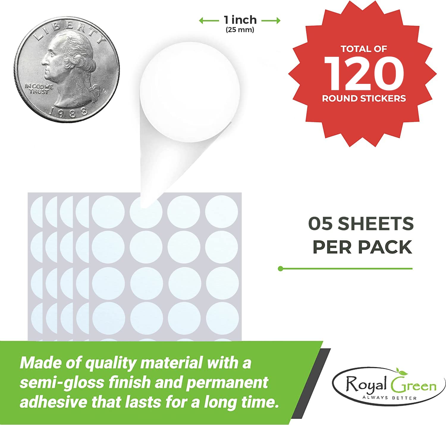 Royal Green Round Stickers 25mm - 120 Pack Pastel Color Labels for Organizing, Crafting & DIY Projects | Office, Home & Classroom Use