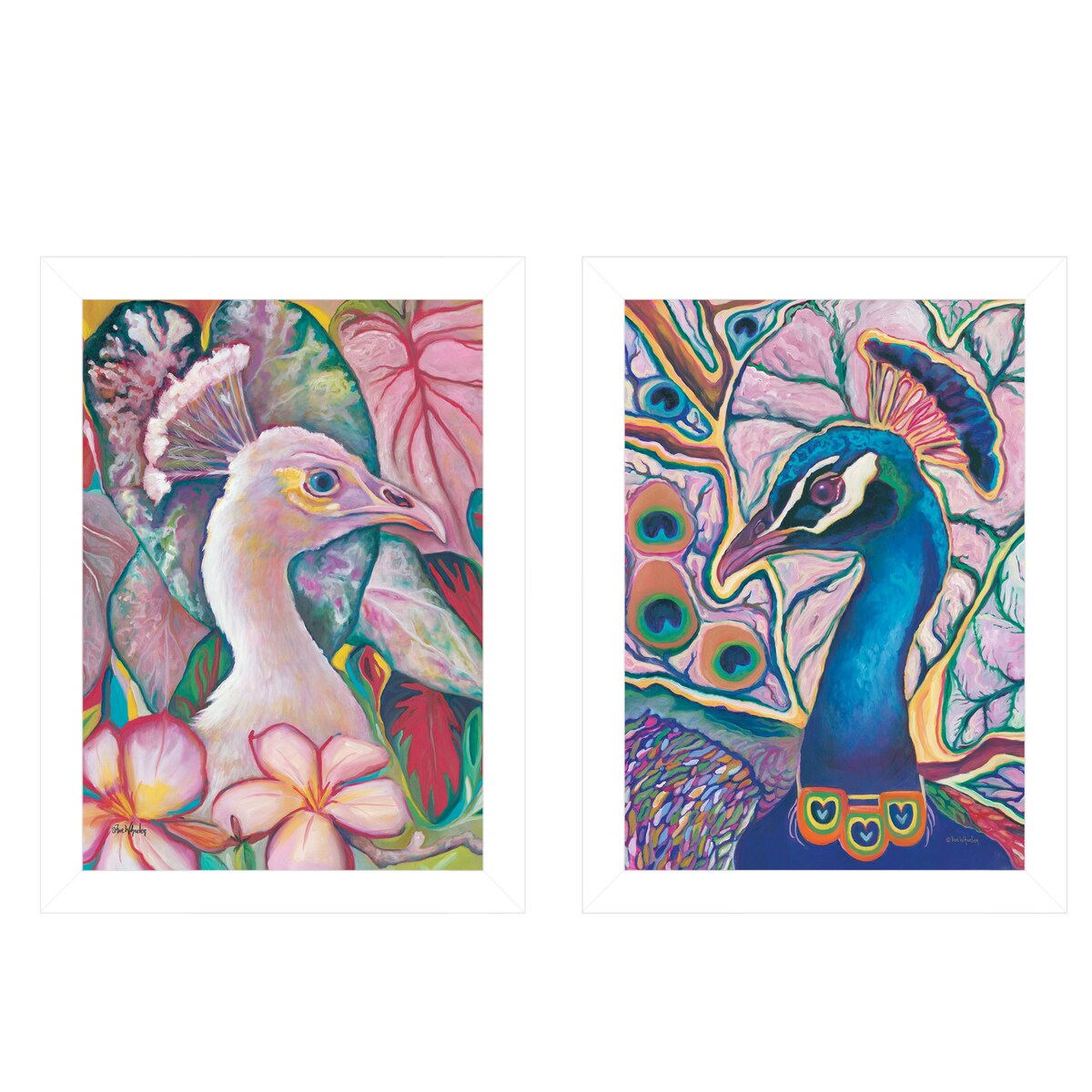 Avant Guard Peacocks 2-Piece Wall Art Set by Eve Wheeler - White Framed Canvas Paintings for Living Room & Bedroom Decor