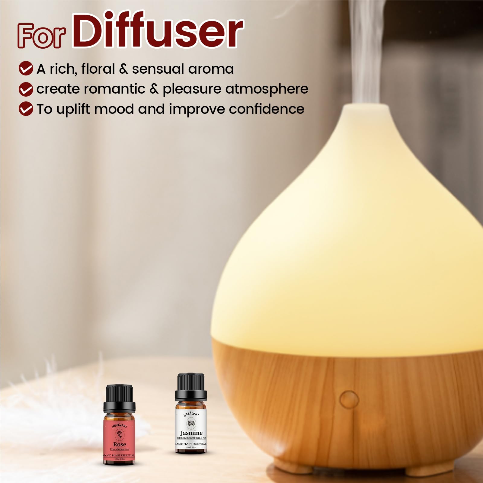 Yethious Organic Rose & Jasmine Essential Oil Set - 2 x 10ml for Aromatherapy, Diffuser, Skincare, Hair Care, Perfume & Candle Making | Pure Fragrance Oil for Relaxation, Spa & Home Scenting