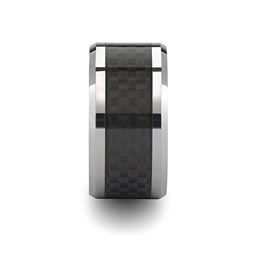 MAXIMUS Black Carbon Fiber Inlaid Tungsten Carbide Wedding Band Ring - 12mm Wide Polished Edge Mens Ring - Durable & Scratch Resistant for Daily Wear, Anniversary Gifts & Special Occasions