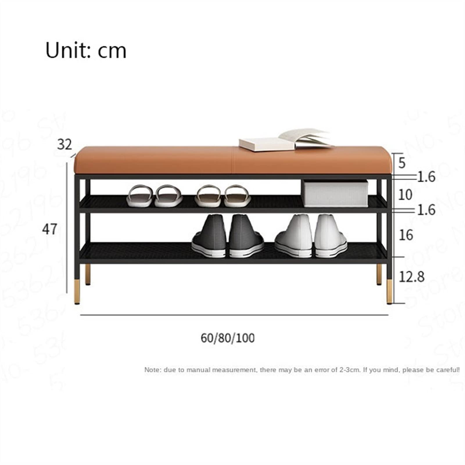 3-Tier Shoe Storage Bench with Leather Seat - 100cm Entryway Organizer for Foyer, Bedroom & Living Room | Durable Metal Shoe Rack Bench | Perfect for Small Spaces & Home Organization (Orange)