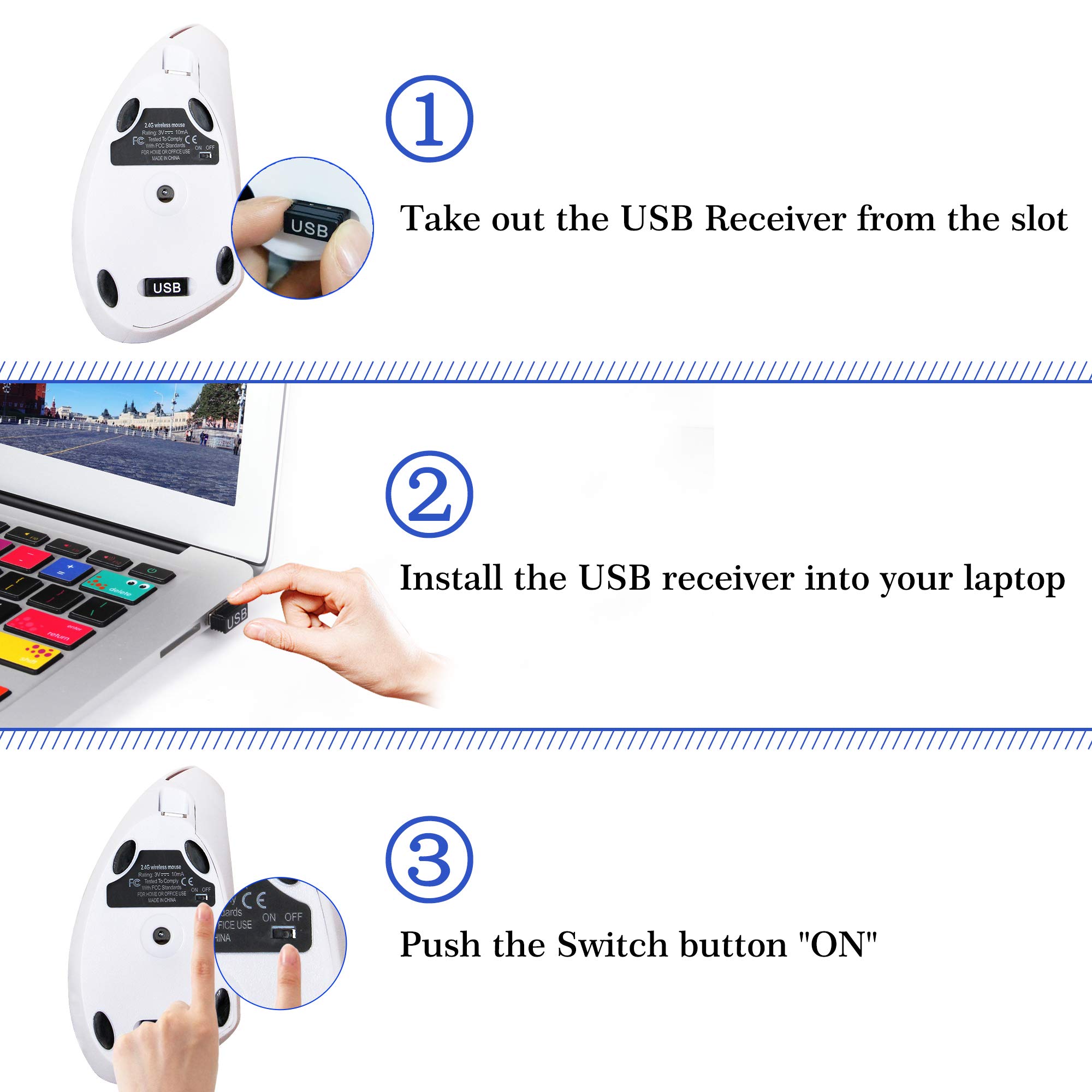 Wireless Ergonomic Mouse 2.4G Rechargeable Vertical Mouse with USB Receiver, 800/1200/1600 DPI, 5 Buttons for Laptop, PC, MacBook - White | Comfortable for Office Work, Gaming & Long Computer Use