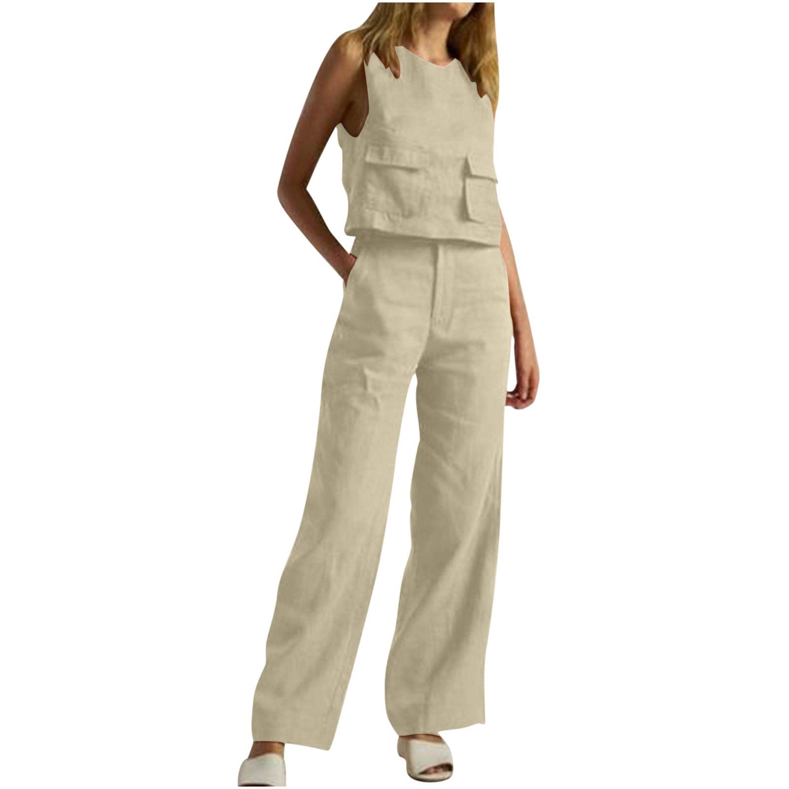 Women's 2 Piece Lounge Set - Sleeveless Cotton Linen Tank Top & Wide Leg Pants Matching Outfit | Soft Summer Casual Wear for Home, Yoga & Beach Vacation