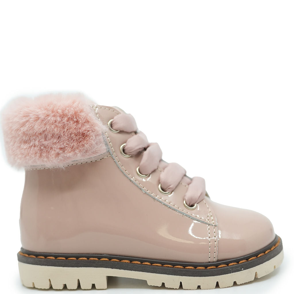 Pink Patent Leather Baby Walker Booties with Fur Cuff - Soft & Stylish First Walking Shoes for Infants - Perfect for Indoor Play, Learning to Walk, and Special Occasions