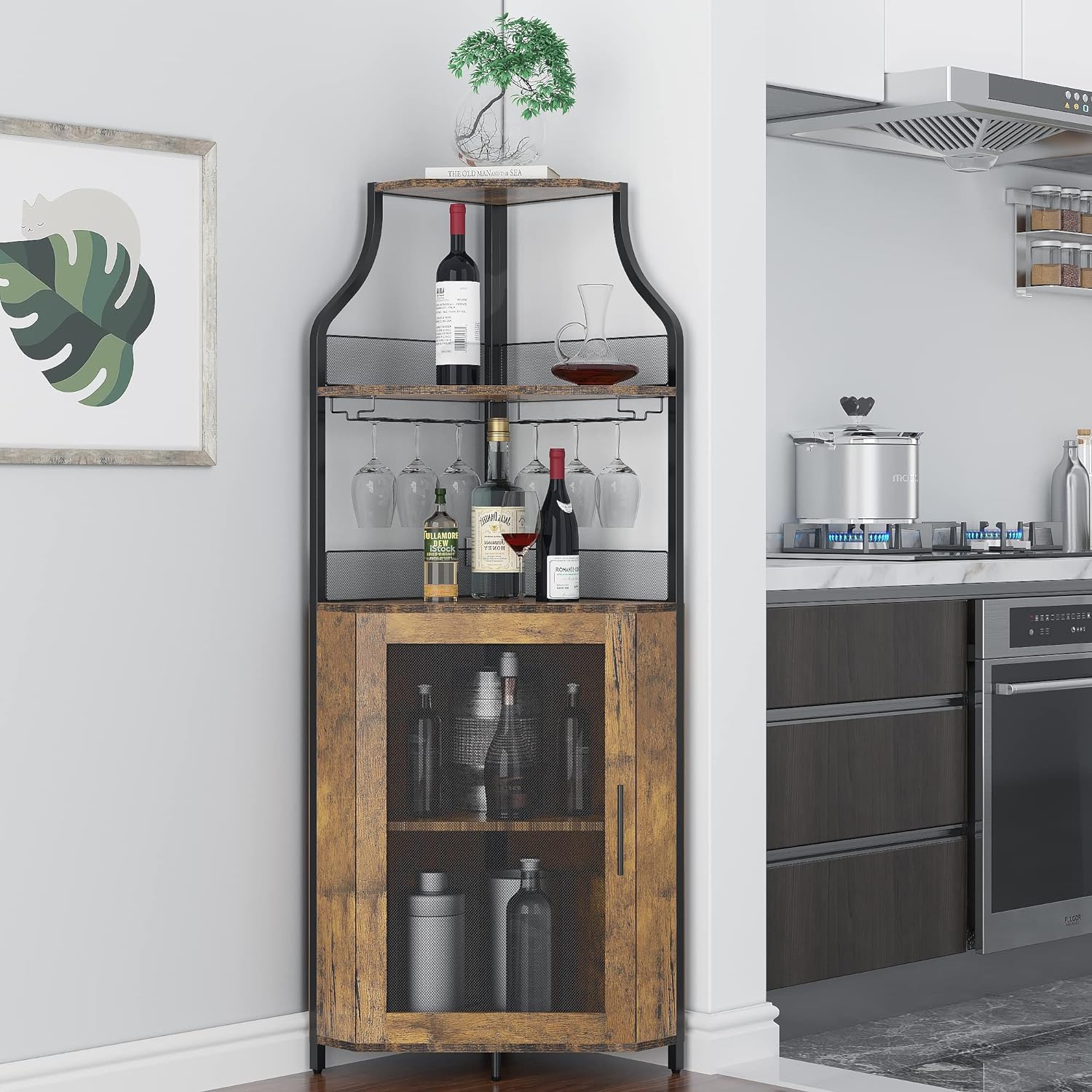 Vintage Farmhouse Wine Bar Corner Cabinet with Storage - Small Buffet Sideboard with Detachable Rack, Mesh Door & Glass Shelves - Liquor & Coffee Bar Cupboard for Kitchen, Dining Room (Retro Brown) - Perfect for Entertaining, Wine Storage & Small Space Organization