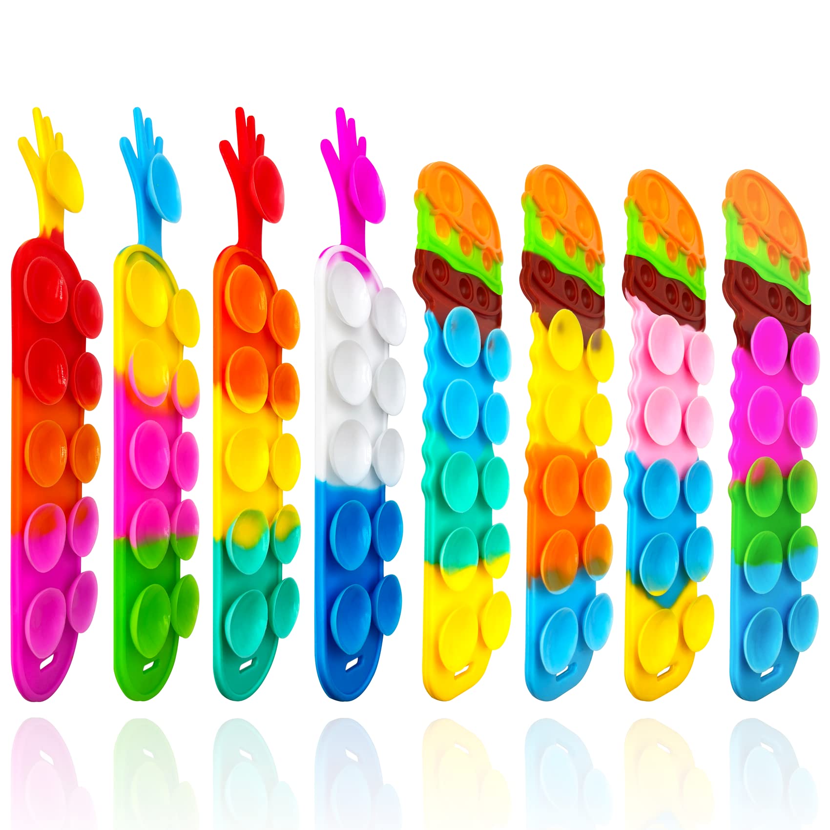 Squidopop Fidget Toys - 8-Pack Rainbow Silicone Suction Sensory Stress Relief Bracelets for Kids | Classroom Prizes, Birthday Party Favors, Goodie Bag Fillers | Perfect for ADHD, Anxiety Relief & Focus Improvement