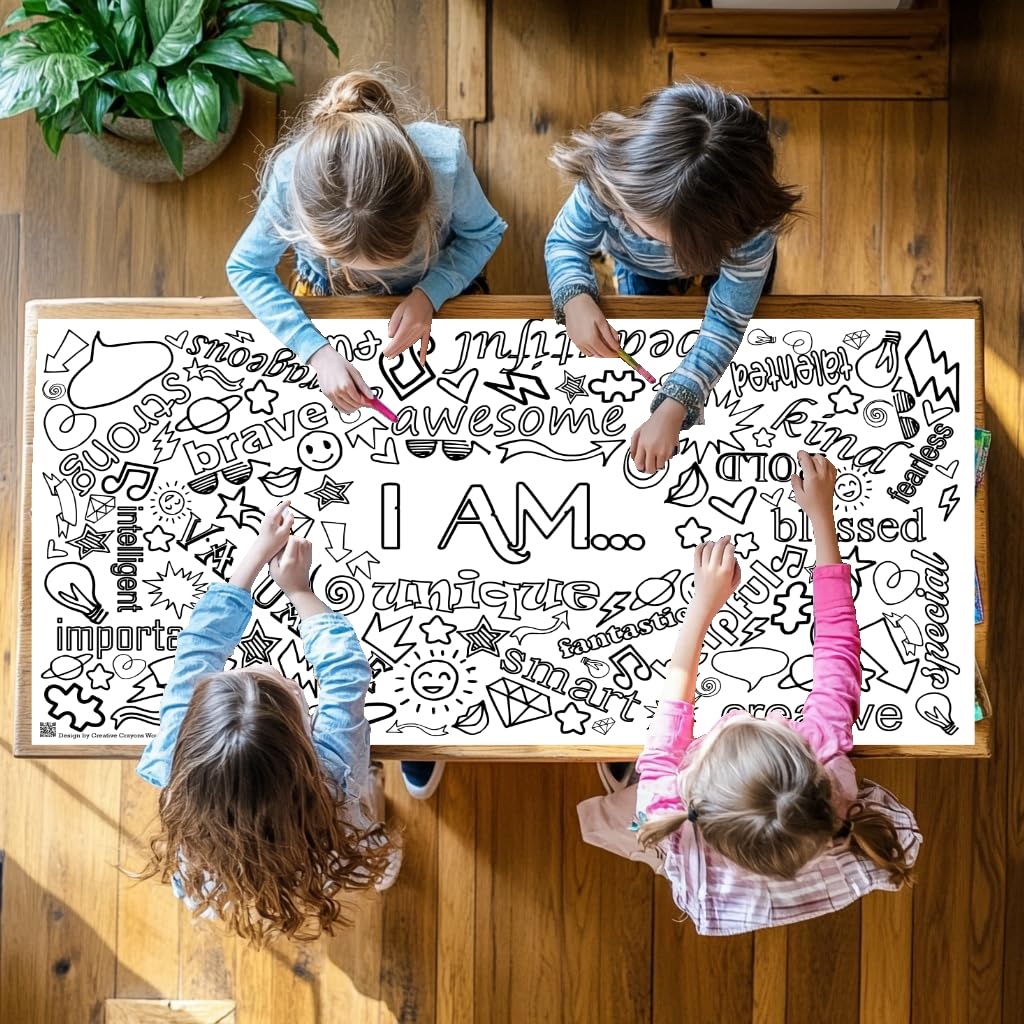 3' x 6' Positive Affirmations Coloring Banner - Giant Paper Tablecloth for Kids & Teens Classroom Activities, Wall Decor, Confidence Building | Perfect for Birthday Parties, School Events & Family Bonding