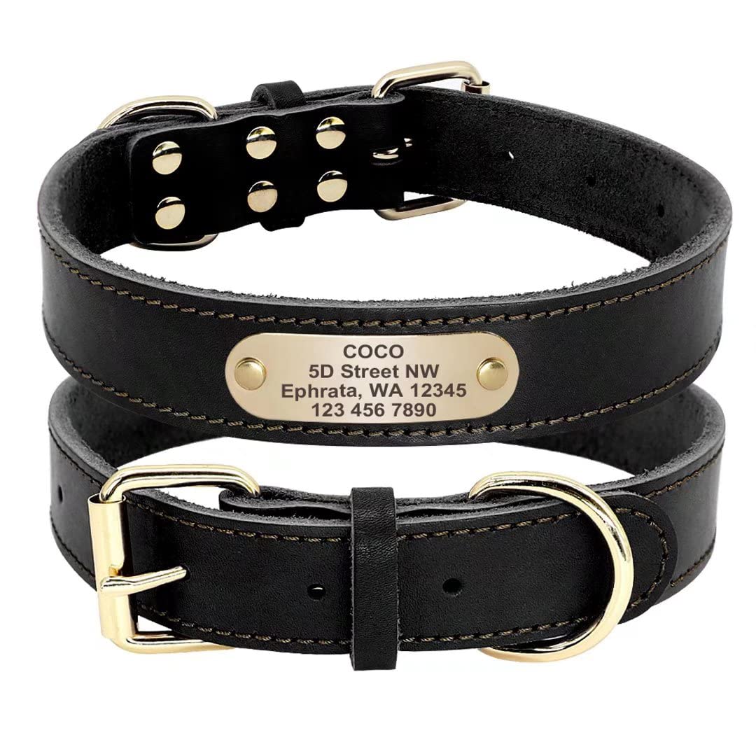 Beirui Genuine Leather Personalized Dog Collar - Heavy Duty Soft Custom Engraved Nameplate Collar for Small & Medium Dogs, Black, XS (3/4