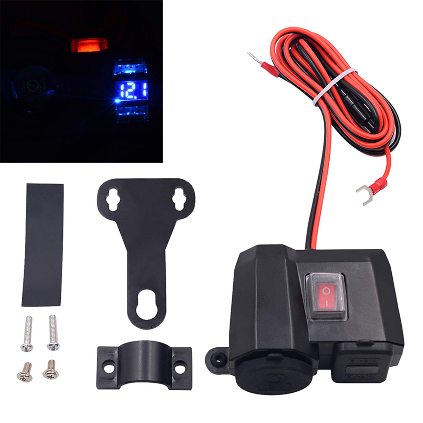 Mulcort 5V/2.1A 3-in-1 Waterproof Motorcycle USB Charger with Digital Voltmeter & Cigarette Lighter - Handlebar Mount Power Adapter for Phone Charging - Perfect for Harley, Honda, Yamaha & Adventure Riding